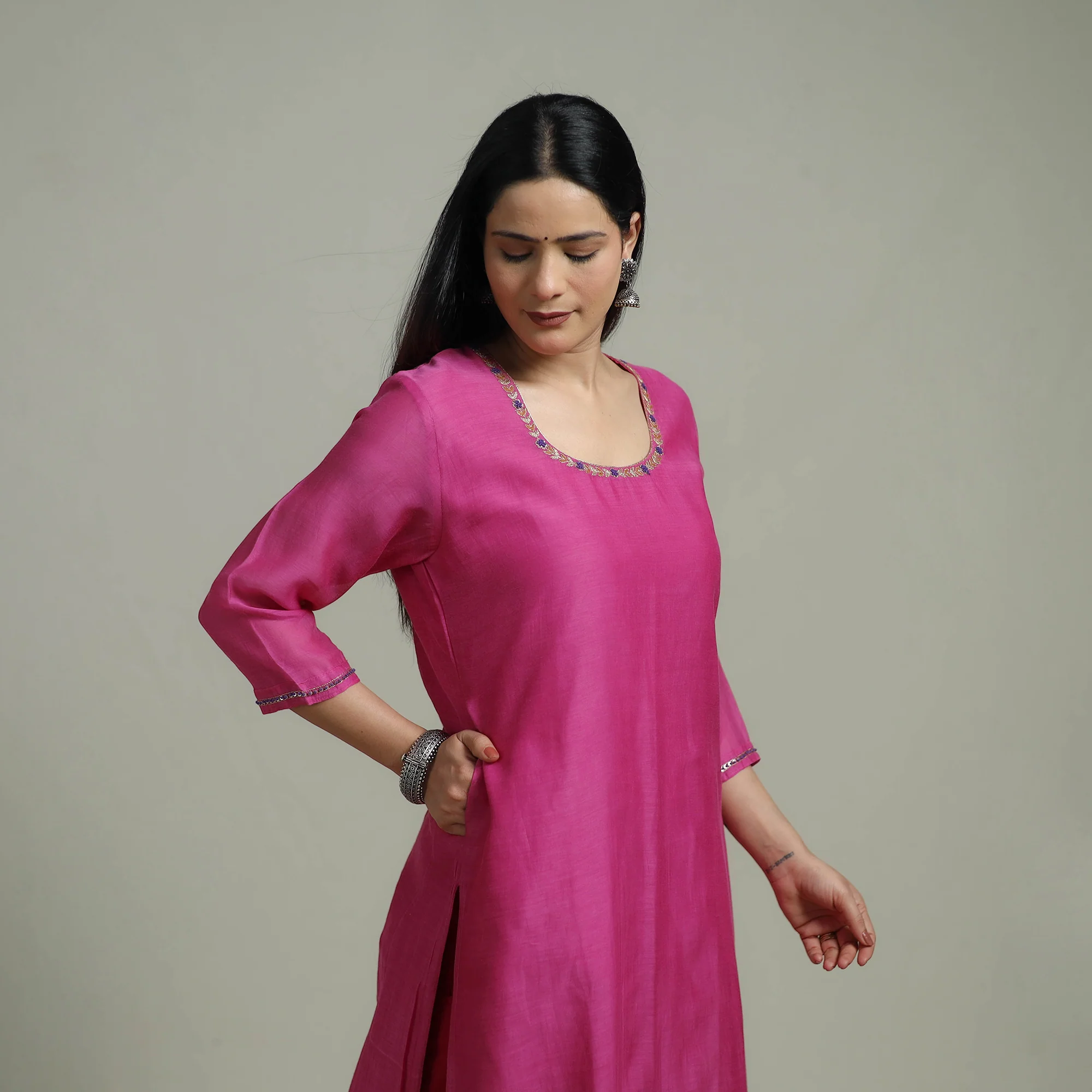Pink - Plain Handloom Mul Chanderi Silk Hand Embroidered Suit Set with Dupatta for women 01 - Image 2