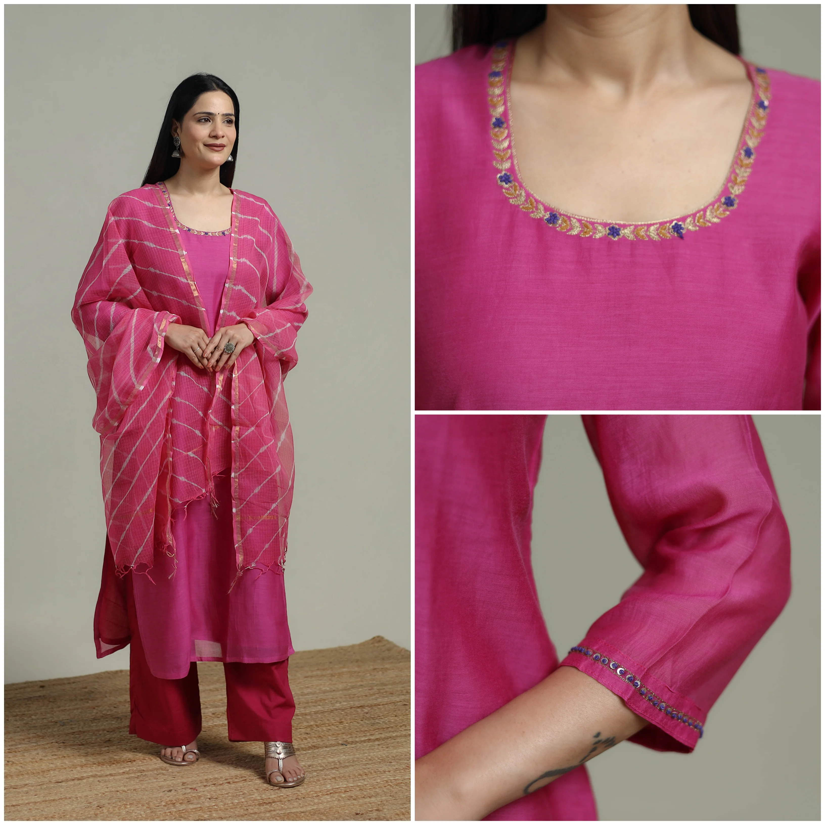 Pink - Plain Handloom Mul Chanderi Silk Hand Embroidered Suit Set with Dupatta for women 01 - Image 3