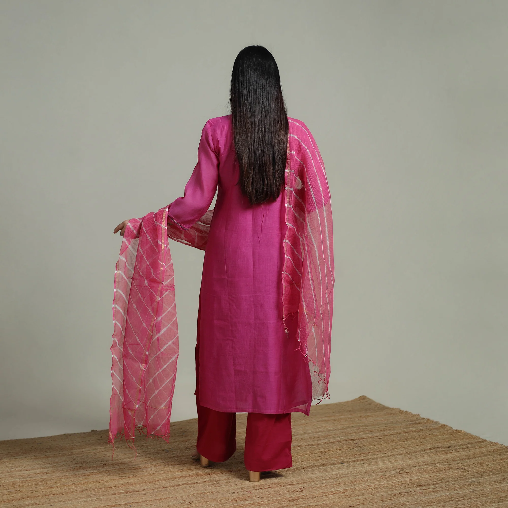 Pink - Plain Handloom Mul Chanderi Silk Hand Embroidered Suit Set with Dupatta for women 01 - Image 4