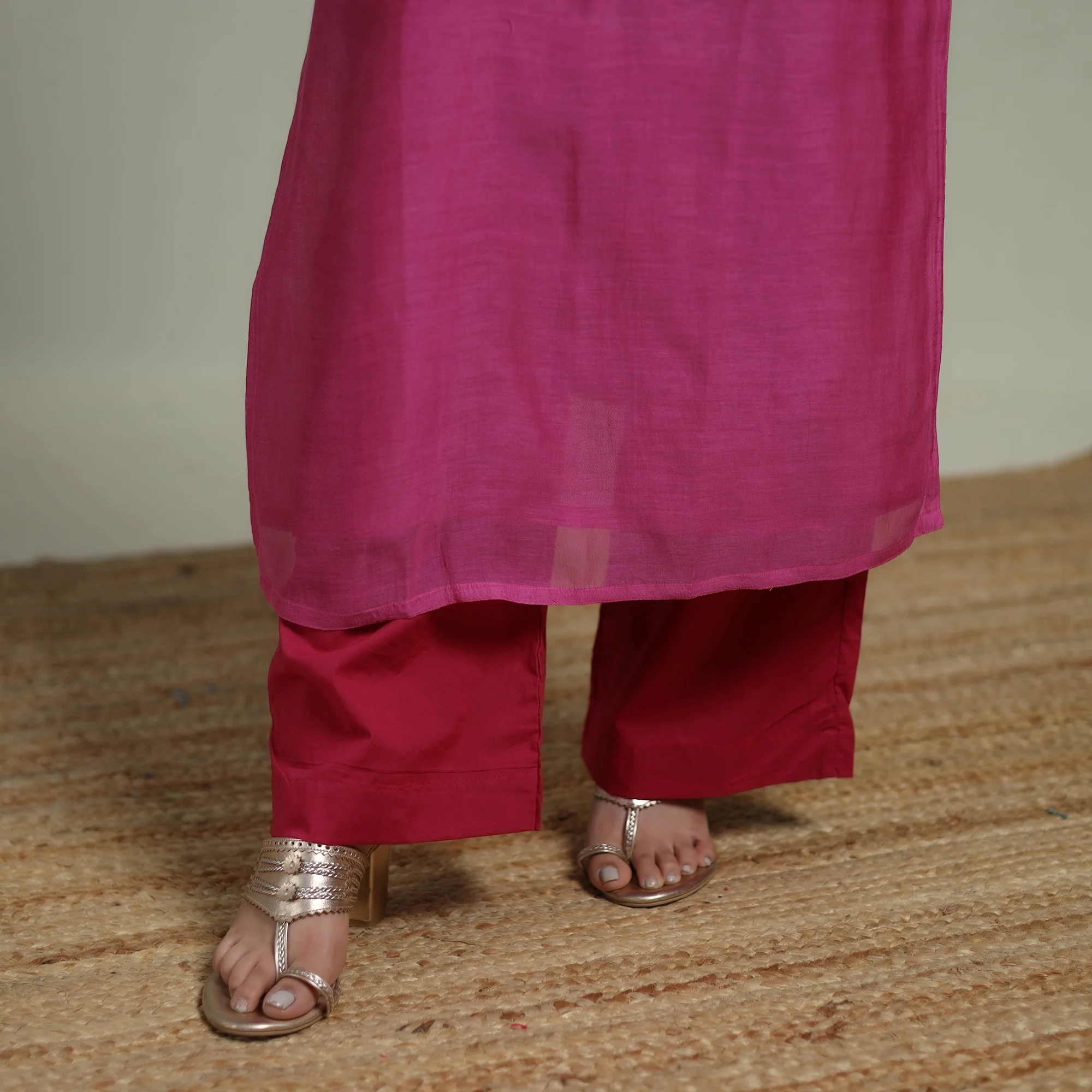 Pink - Plain Handloom Mul Chanderi Silk Hand Embroidered Suit Set with Dupatta for women 01 - Image 5