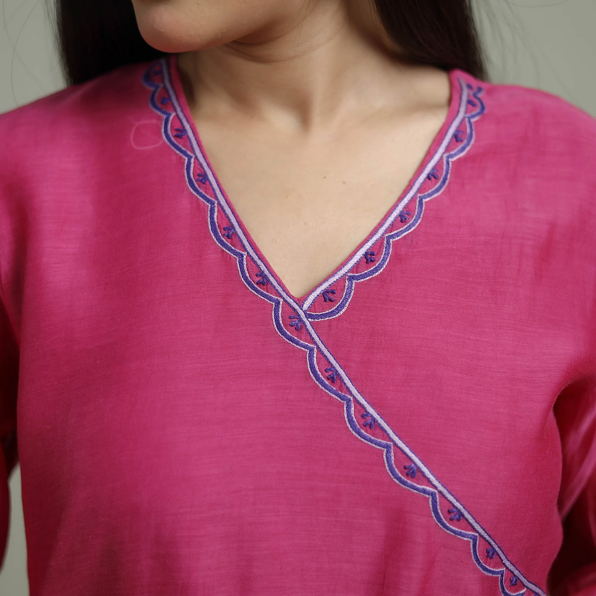Pink - Plain Handloom Mul Chanderi Silk Hand Embroidered Suit Set with Dupatta for women 03 - Image 4