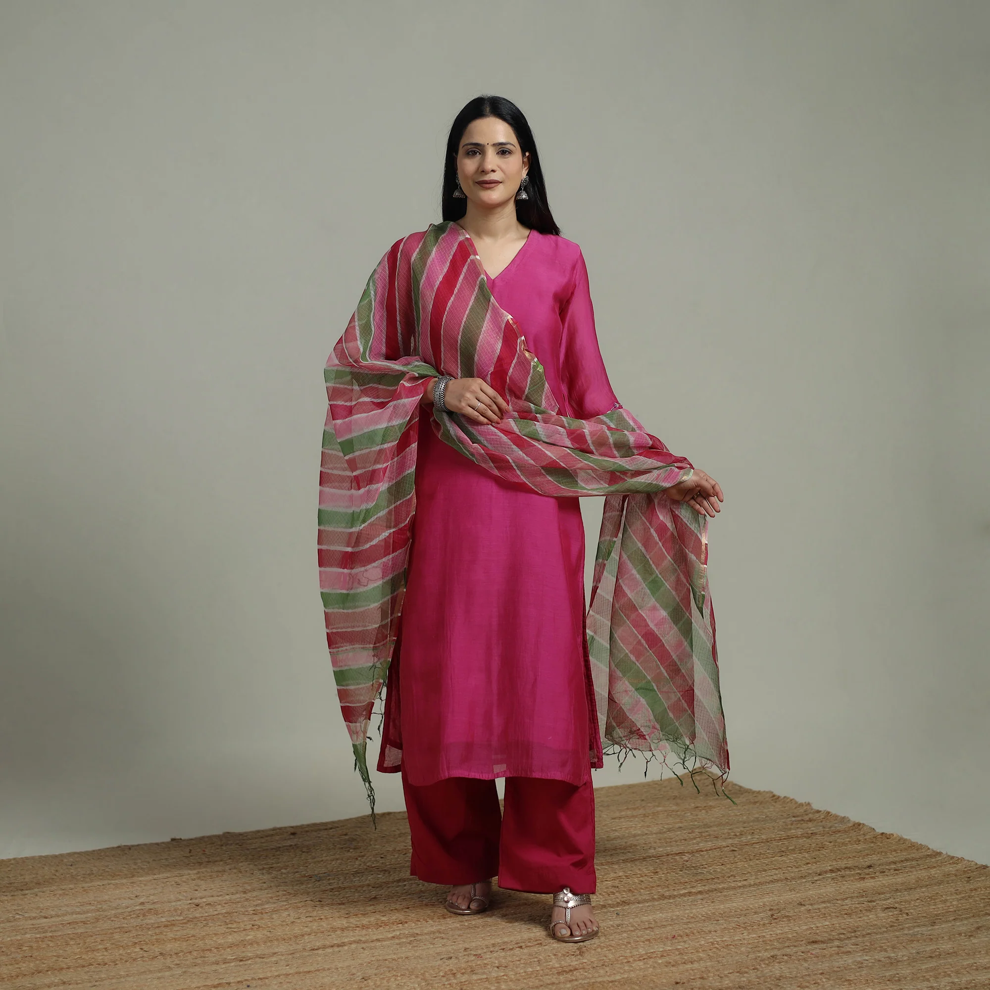 Pink - Plain Handloom Mul Chanderi Silk Hand Embroidered Suit Set with Dupatta for women 04