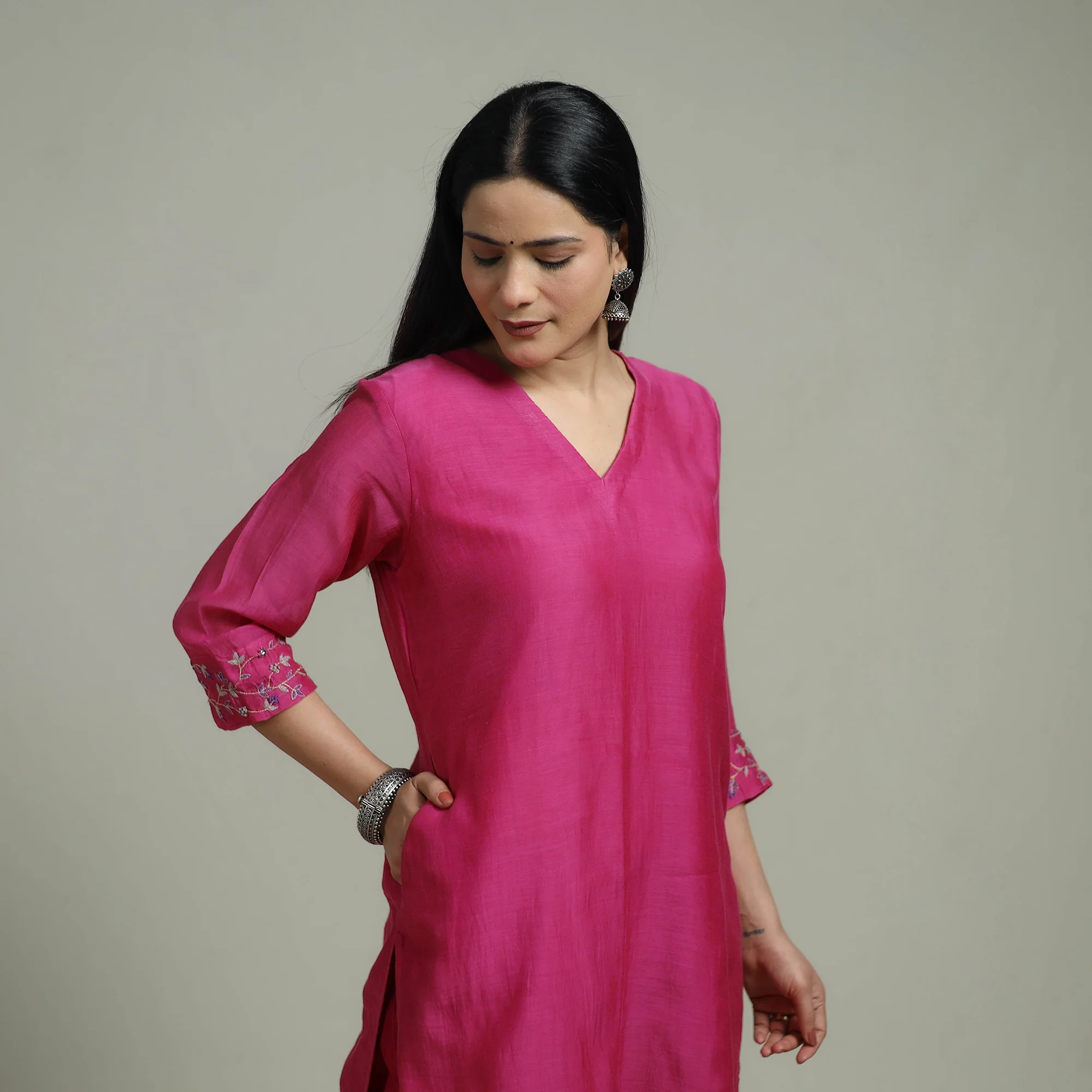 Pink - Plain Handloom Mul Chanderi Silk Hand Embroidered Suit Set with Dupatta for women 04 - Image 2