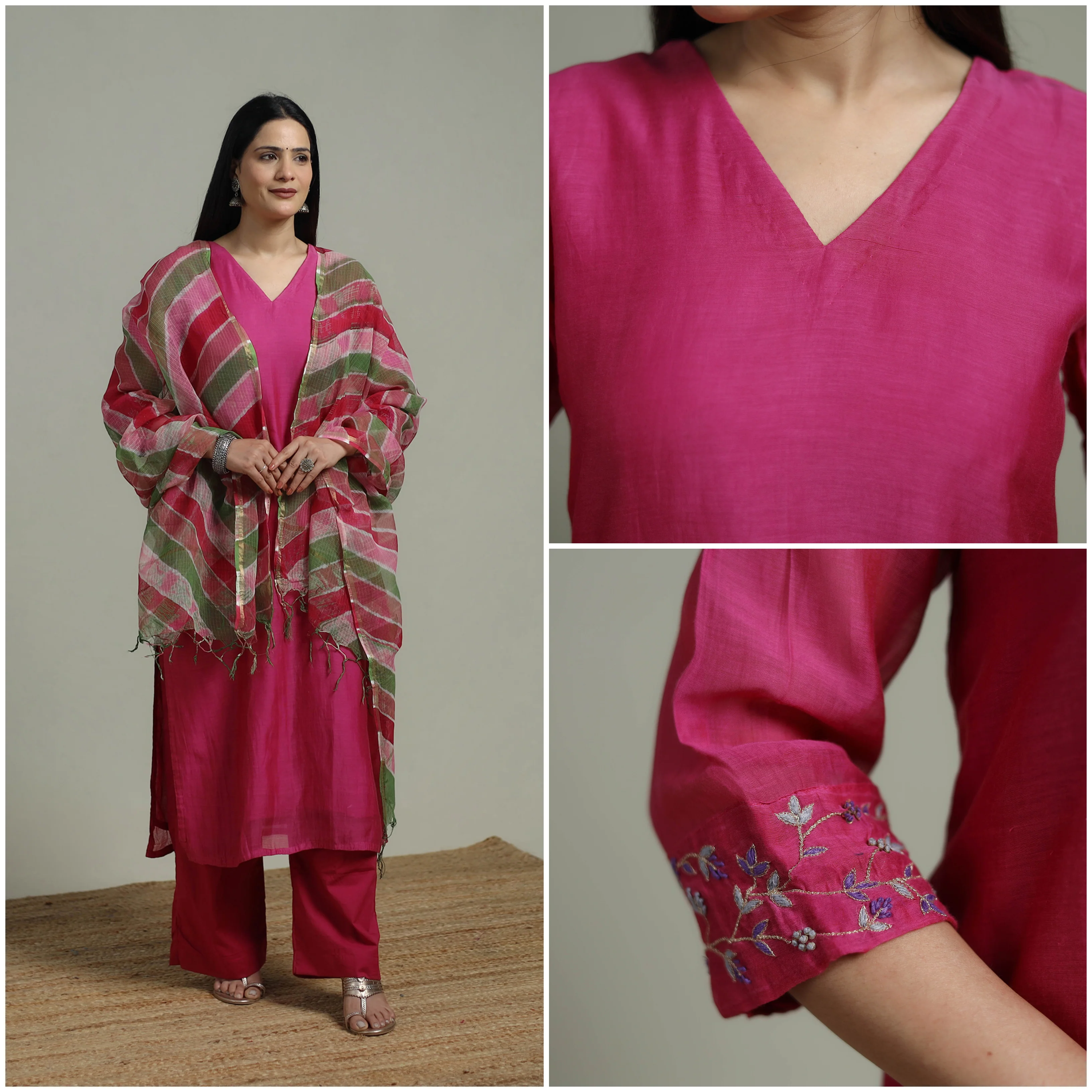 Pink - Plain Handloom Mul Chanderi Silk Hand Embroidered Suit Set with Dupatta for women 04 - Image 3