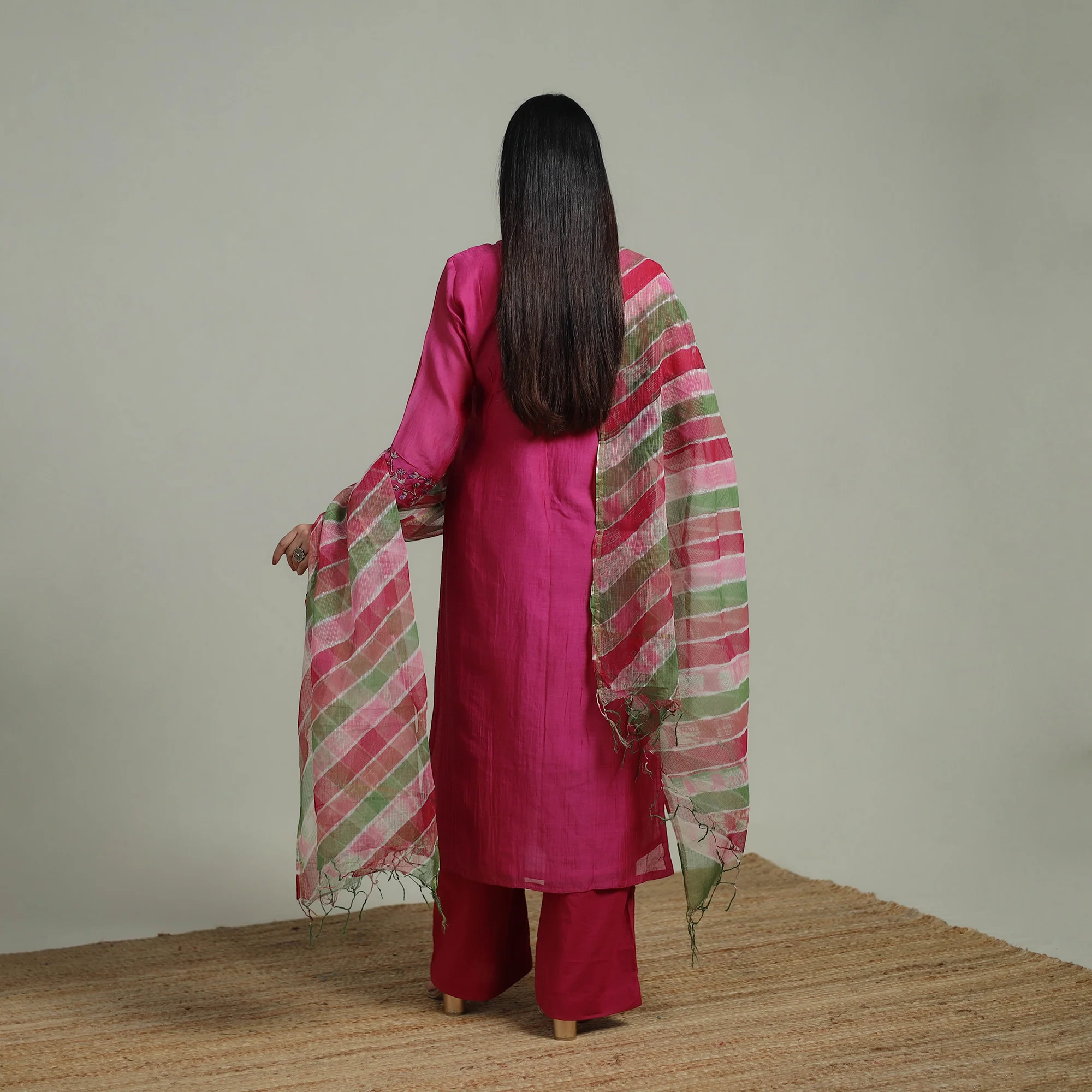 Pink - Plain Handloom Mul Chanderi Silk Hand Embroidered Suit Set with Dupatta for women 04 - Image 4