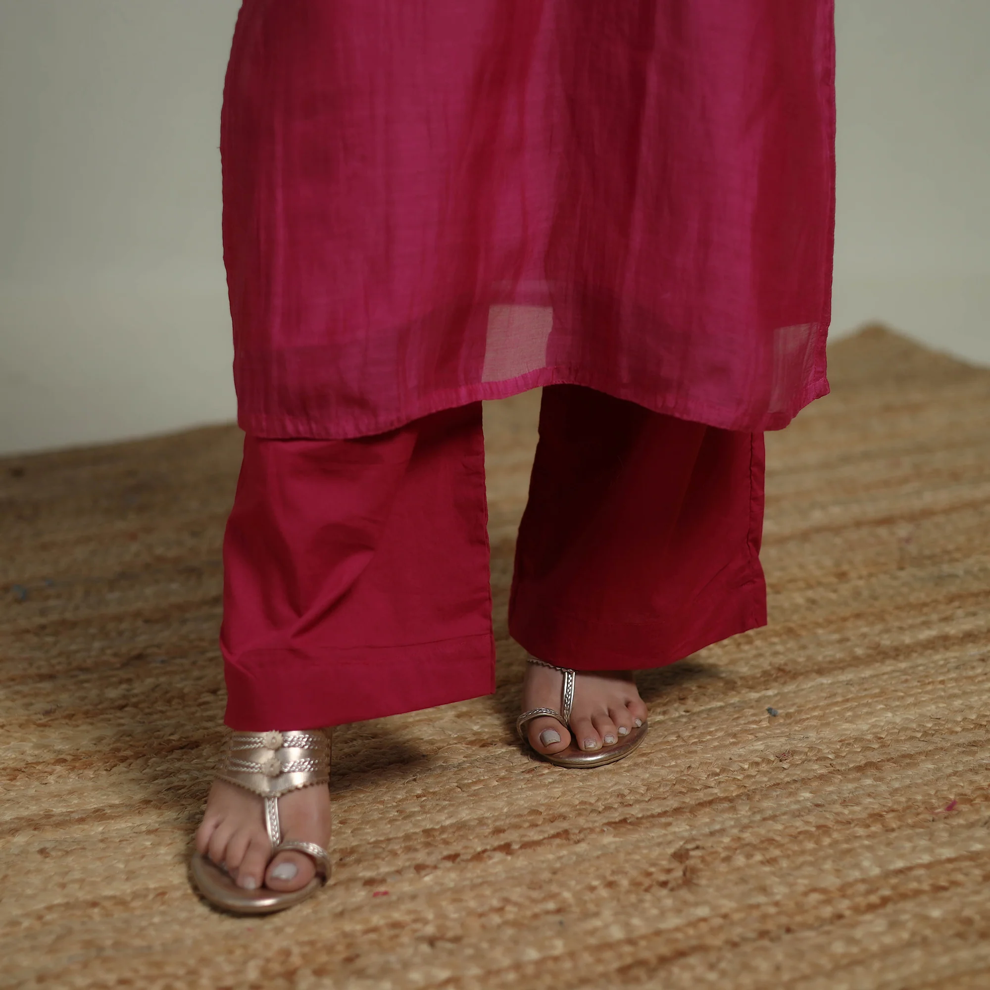 Pink - Plain Handloom Mul Chanderi Silk Hand Embroidered Suit Set with Dupatta for women 04 - Image 5