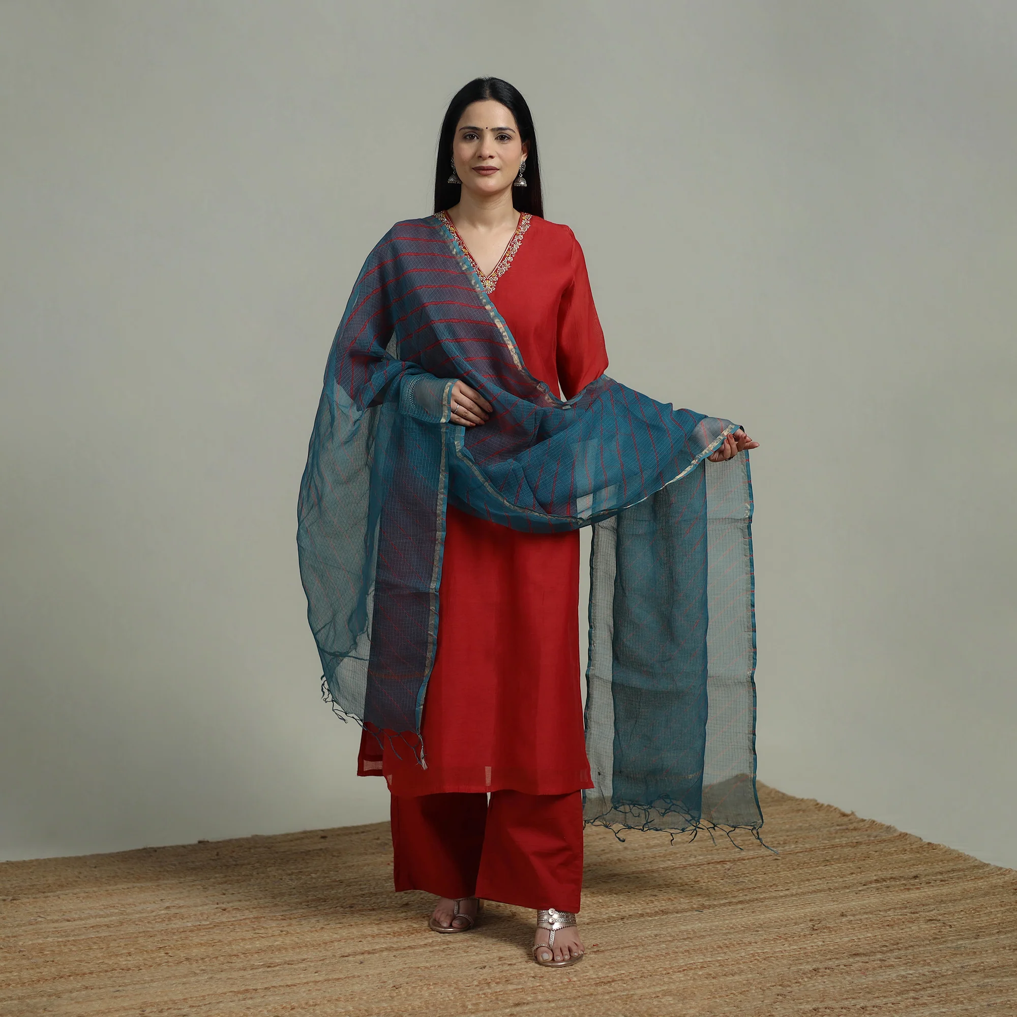 Red - Plain Handloom Mul Chanderi Silk Hand Embroidered Suit Set with Dupatta for women 05