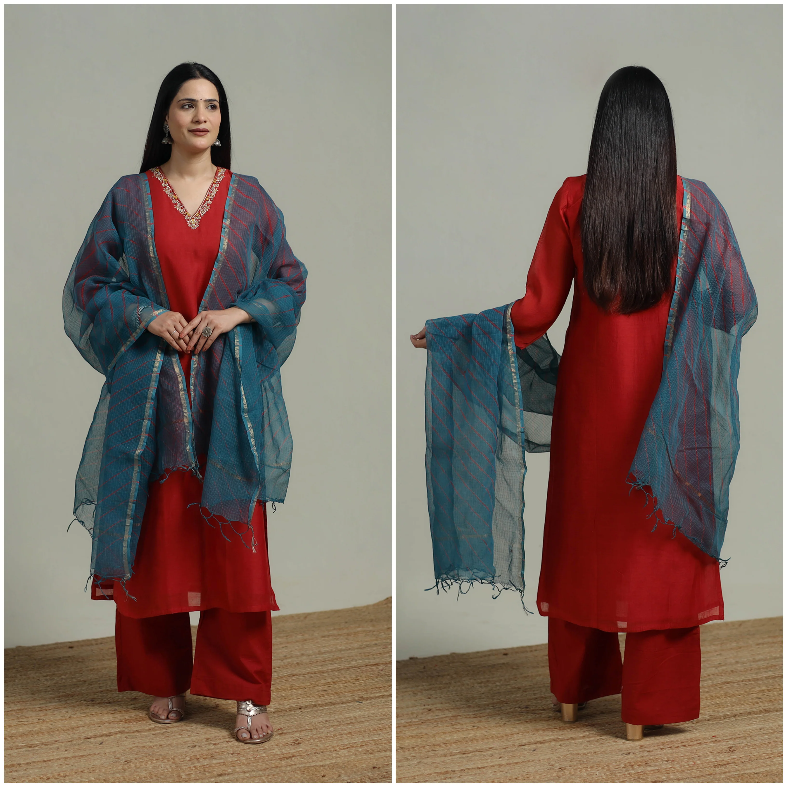 Red - Plain Handloom Mul Chanderi Silk Hand Embroidered Suit Set with Dupatta for women 05 - Image 2