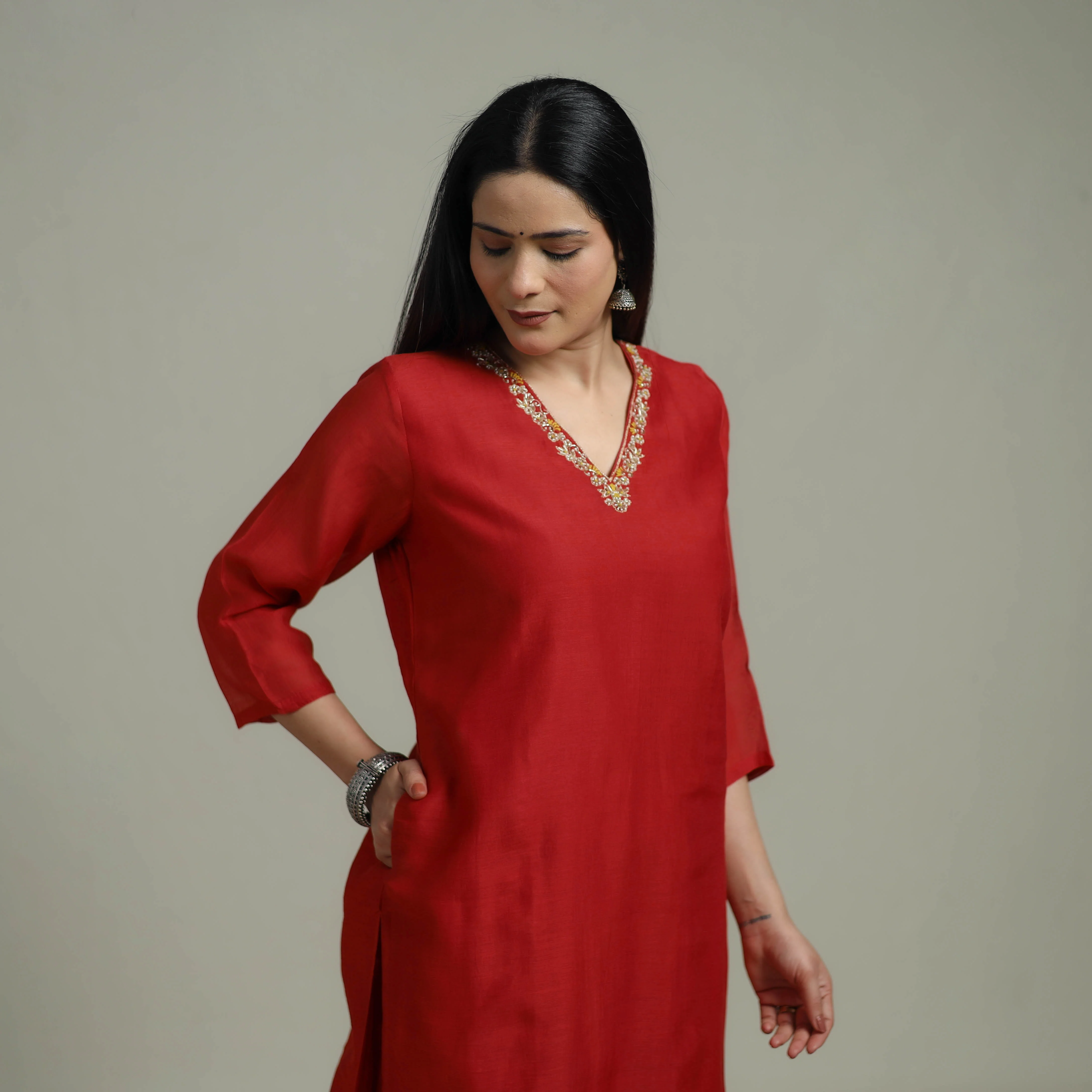 Red - Plain Handloom Mul Chanderi Silk Hand Embroidered Suit Set with Dupatta for women 05 - Image 3