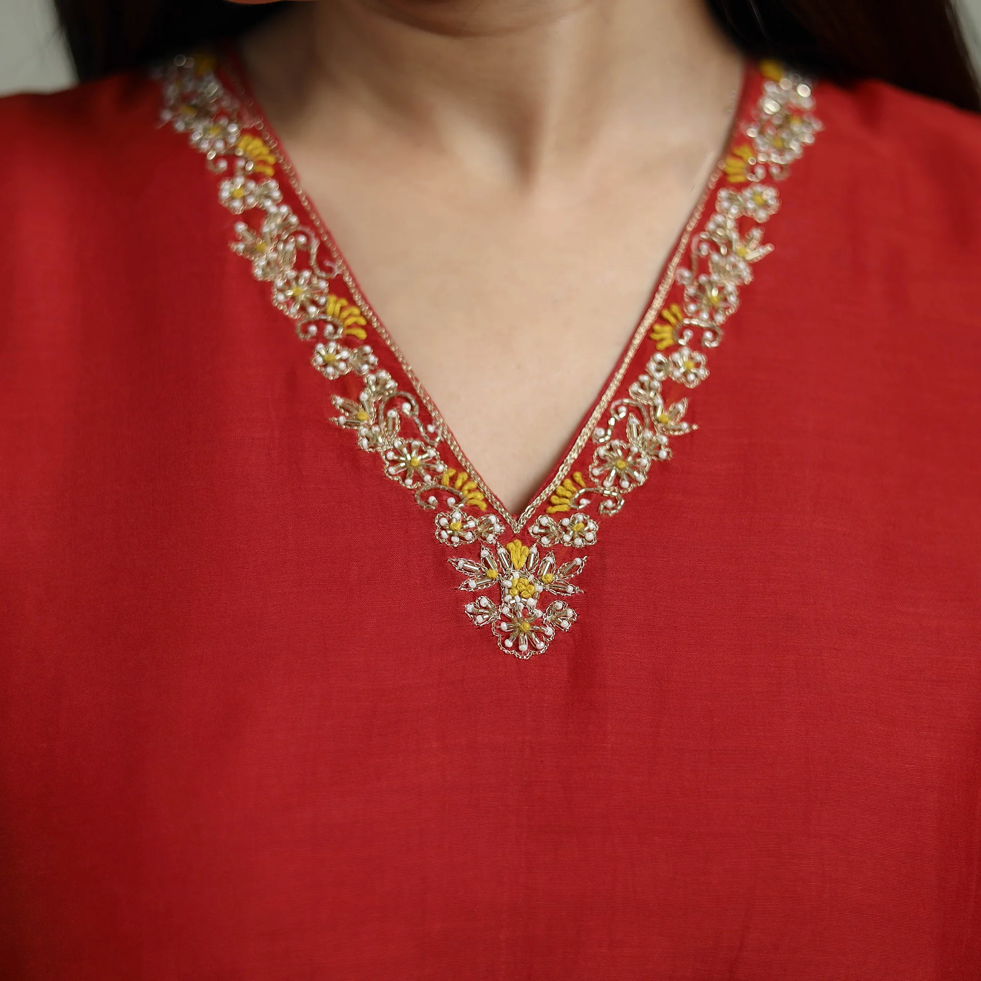 Red - Plain Handloom Mul Chanderi Silk Hand Embroidered Suit Set with Dupatta for women 05 - Image 4