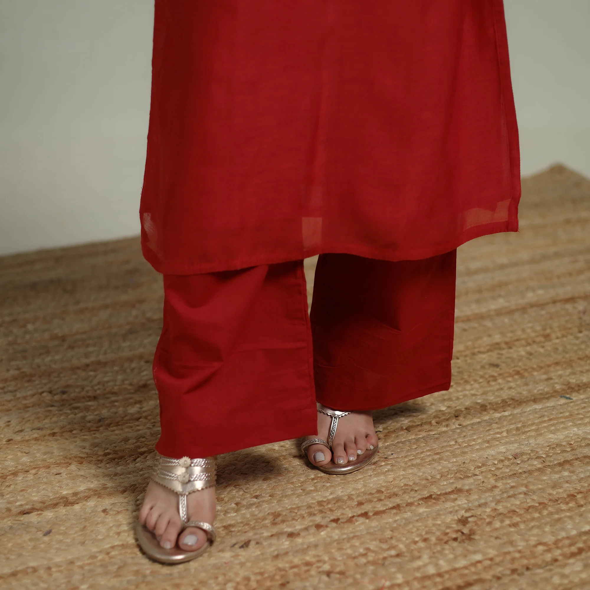 Red - Plain Handloom Mul Chanderi Silk Hand Embroidered Suit Set with Dupatta for women 05 - Image 5