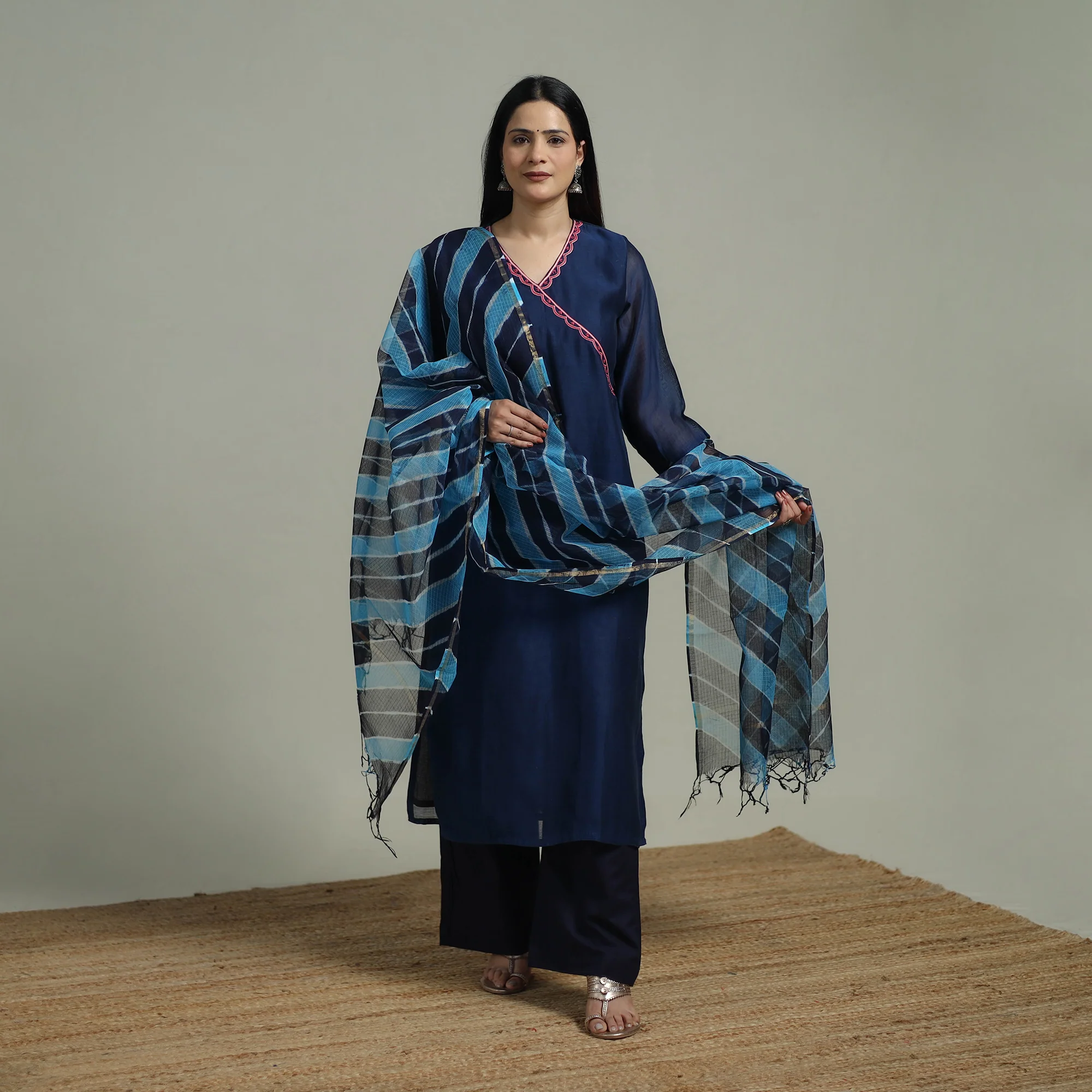 Blue - Plain Handloom Mul Chanderi Silk Hand Embroidered Suit Set with Dupatta for women 07