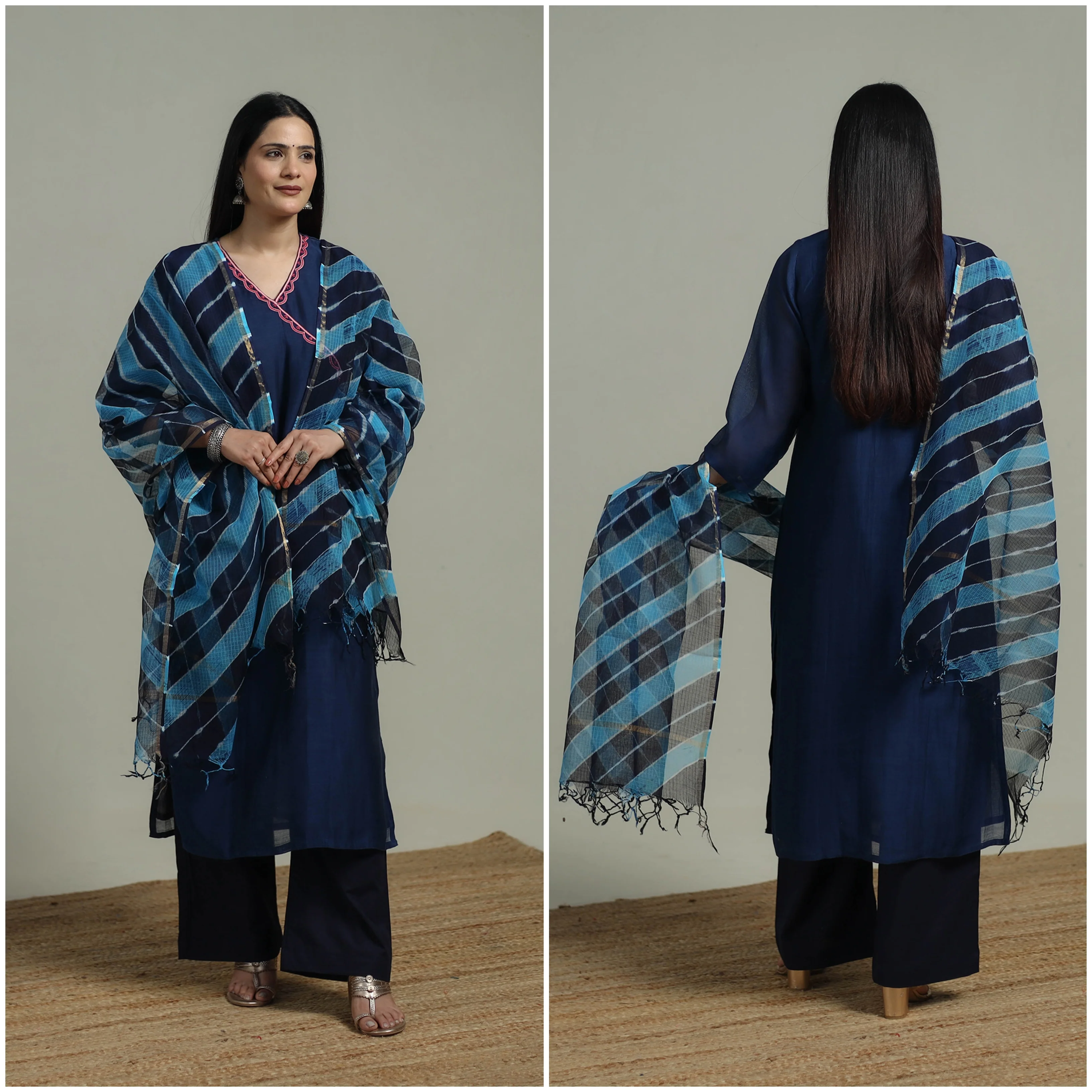 Blue - Plain Handloom Mul Chanderi Silk Hand Embroidered Suit Set with Dupatta for women 07 - Image 2