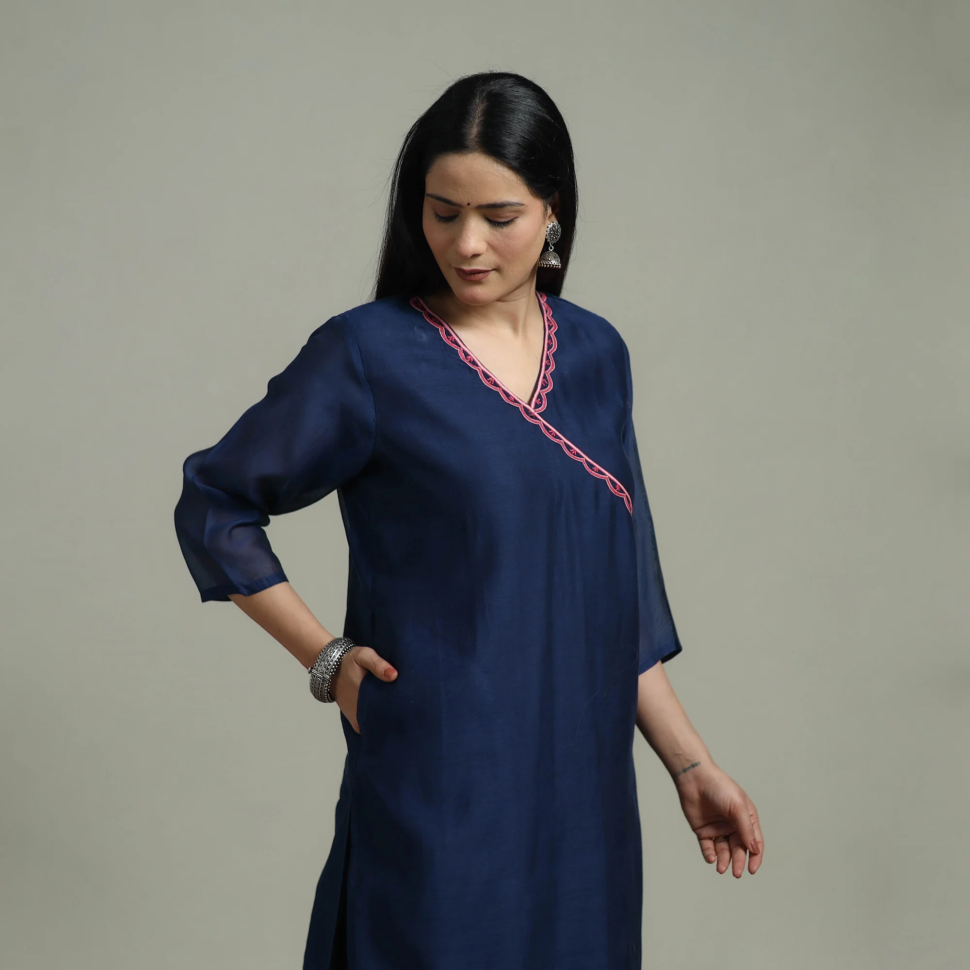 Blue - Plain Handloom Mul Chanderi Silk Hand Embroidered Suit Set with Dupatta for women 07 - Image 3