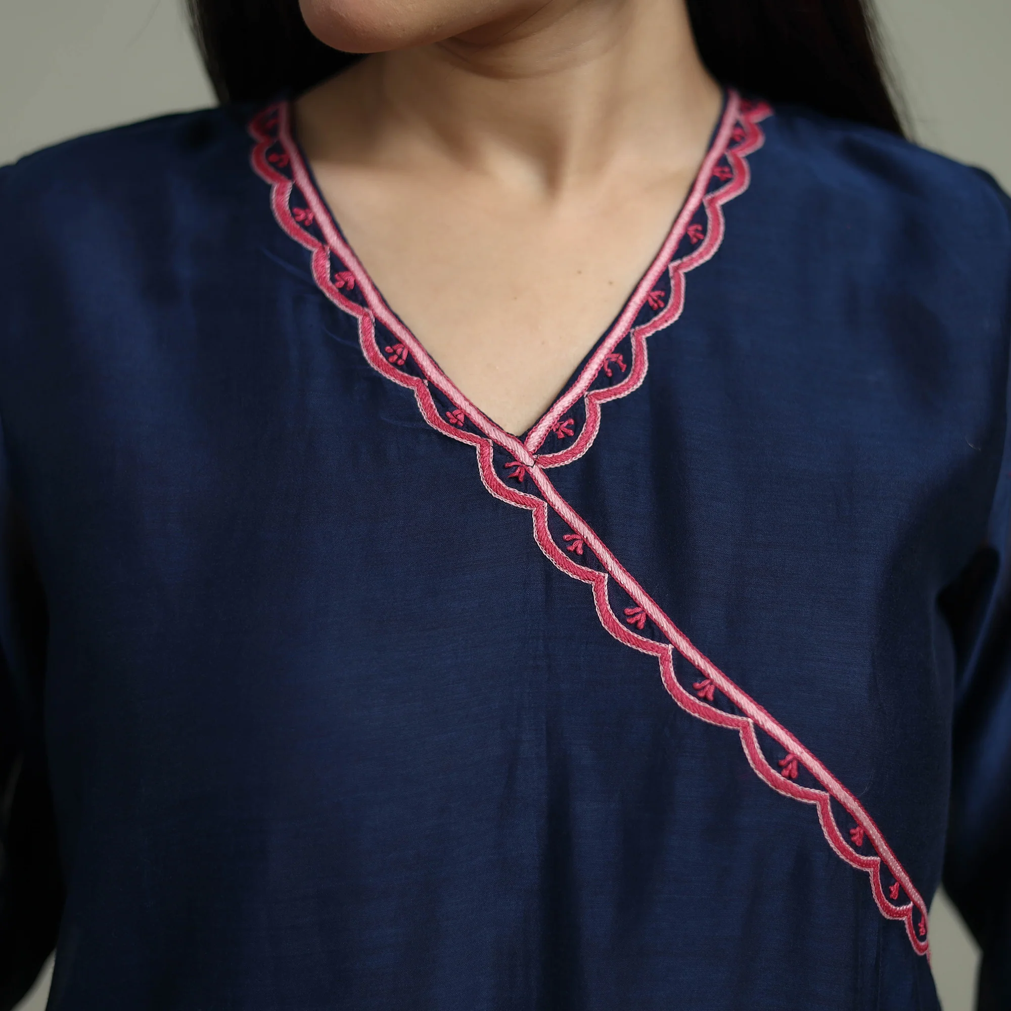 Blue - Plain Handloom Mul Chanderi Silk Hand Embroidered Suit Set with Dupatta for women 07 - Image 4