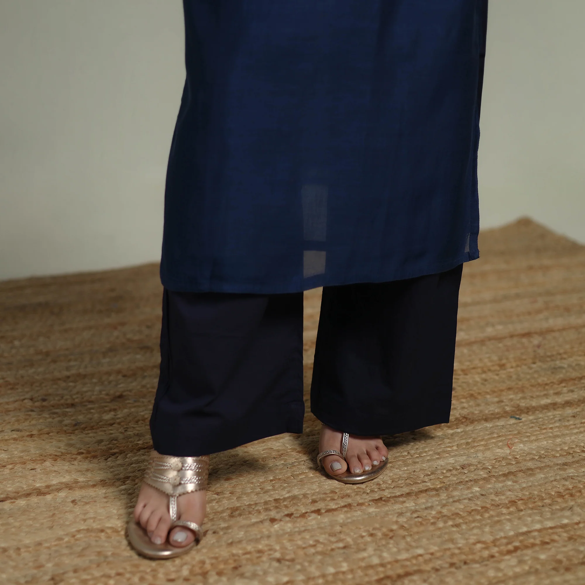 Blue - Plain Handloom Mul Chanderi Silk Hand Embroidered Suit Set with Dupatta for women 07 - Image 5