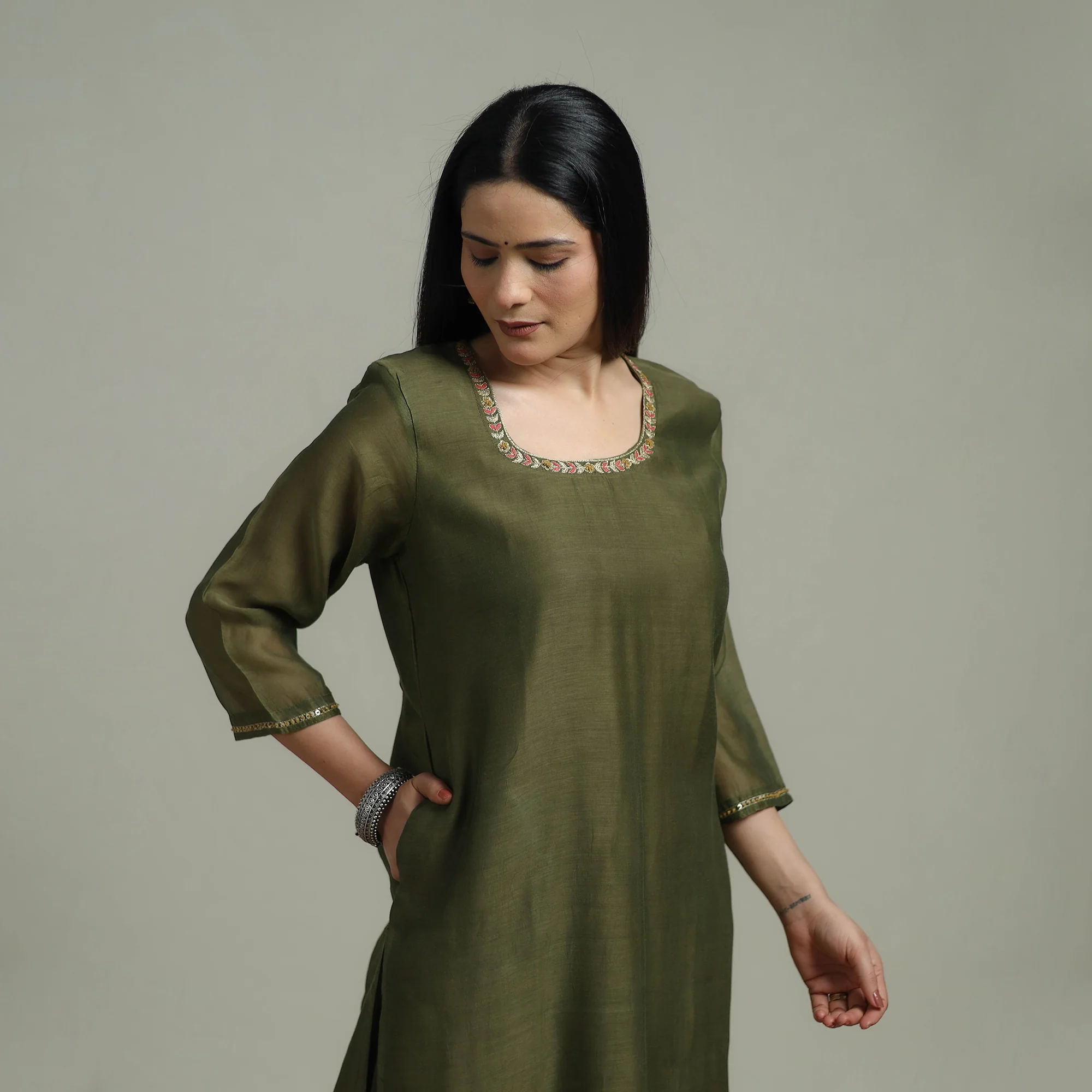 Green - Plain Handloom Mul Chanderi Silk Hand Embroidered Suit Set with Dupatta for women 08 - Image 2