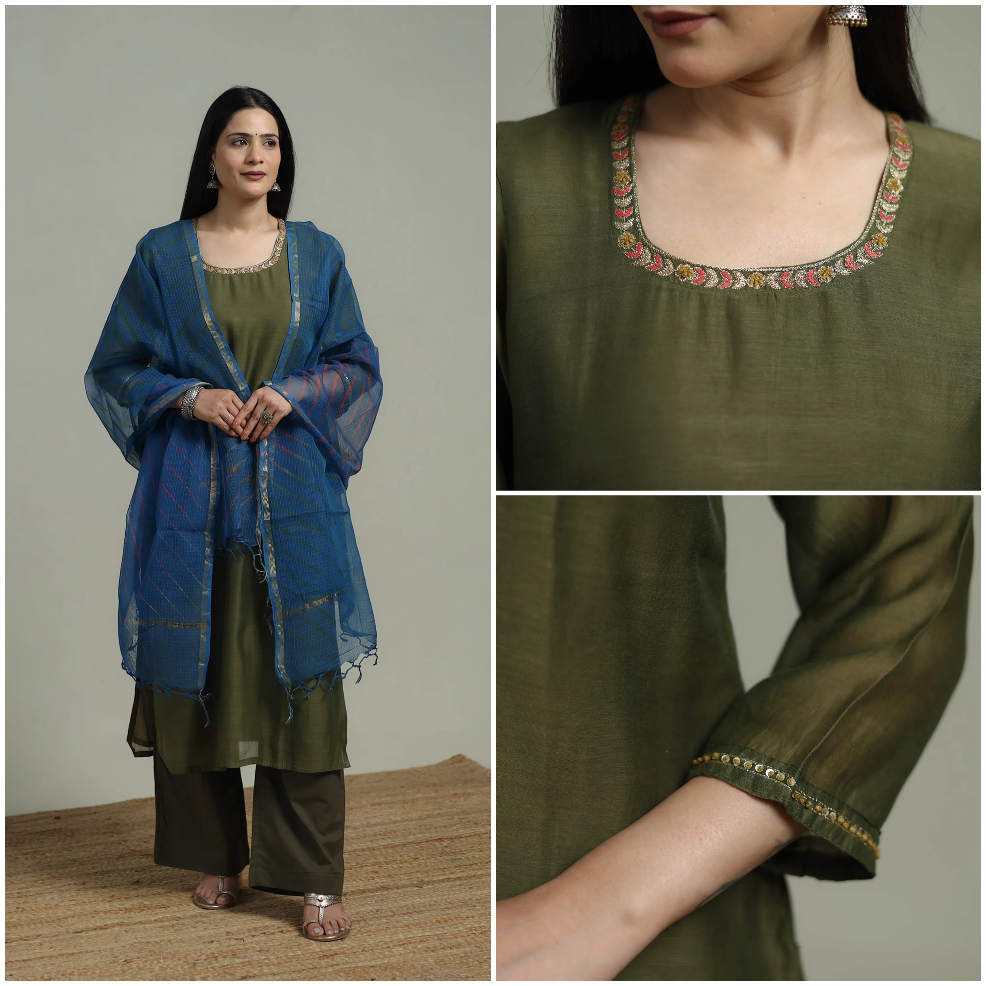 Green - Plain Handloom Mul Chanderi Silk Hand Embroidered Suit Set with Dupatta for women 08 - Image 3