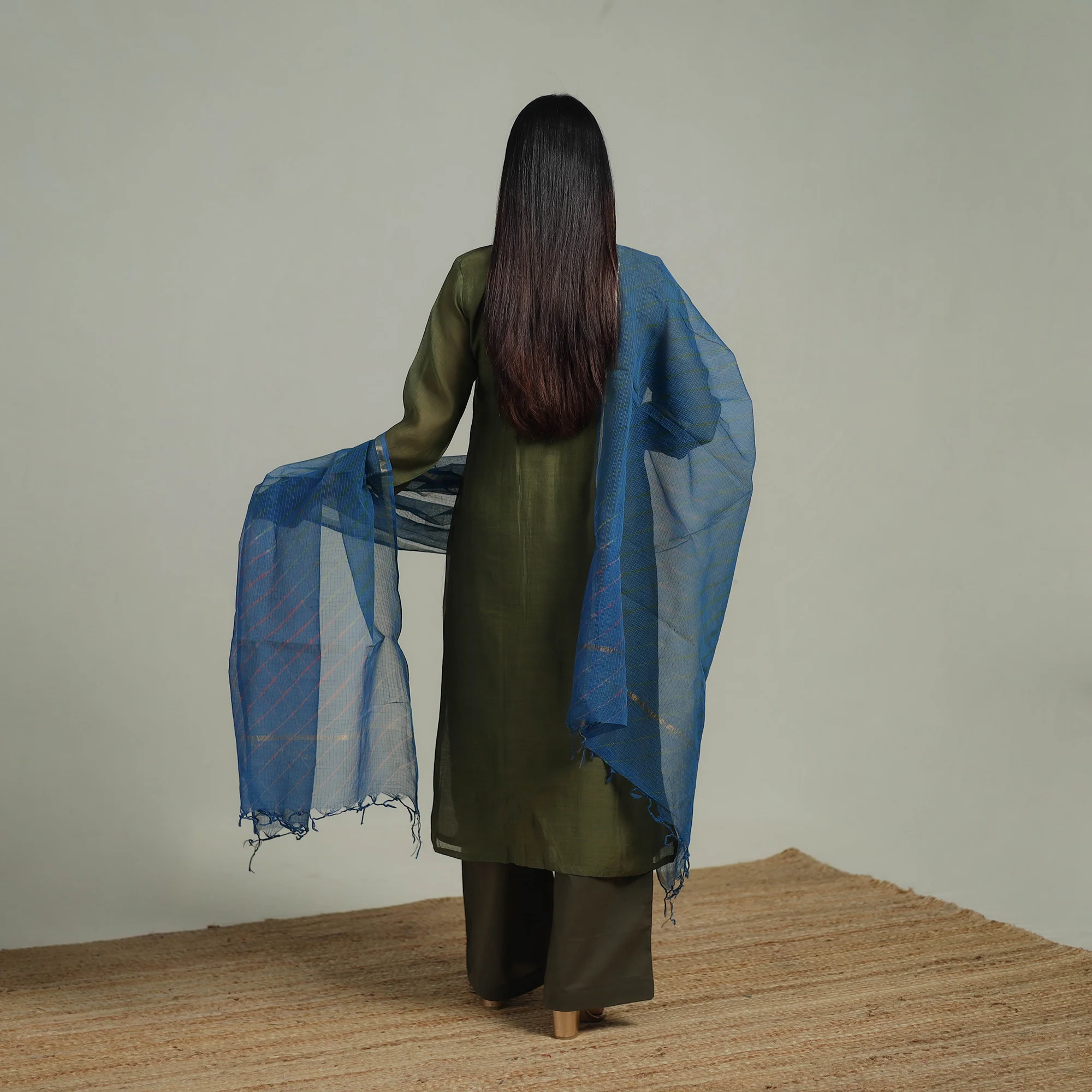 Green - Plain Handloom Mul Chanderi Silk Hand Embroidered Suit Set with Dupatta for women 08 - Image 4