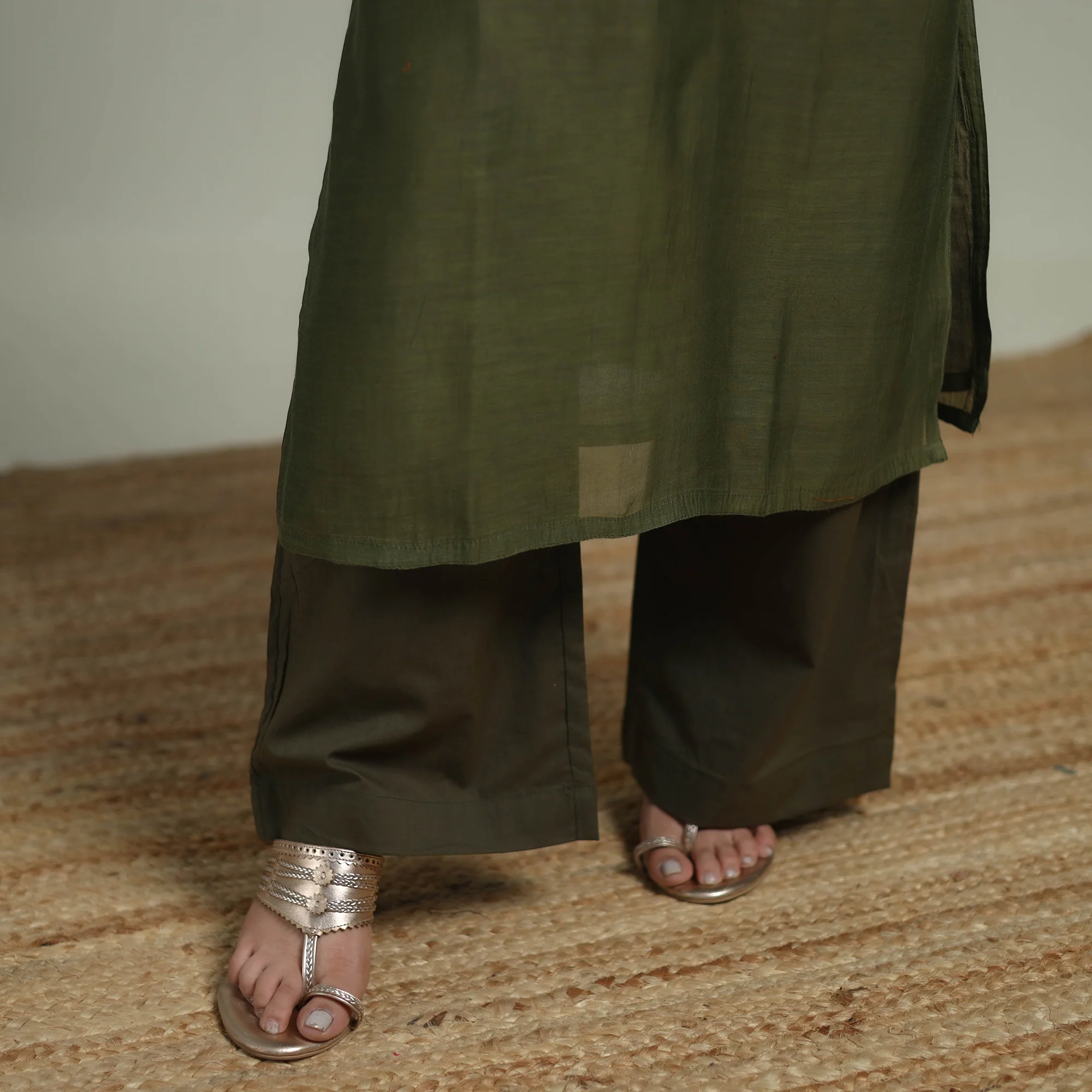 Green - Plain Handloom Mul Chanderi Silk Hand Embroidered Suit Set with Dupatta for women 08 - Image 5