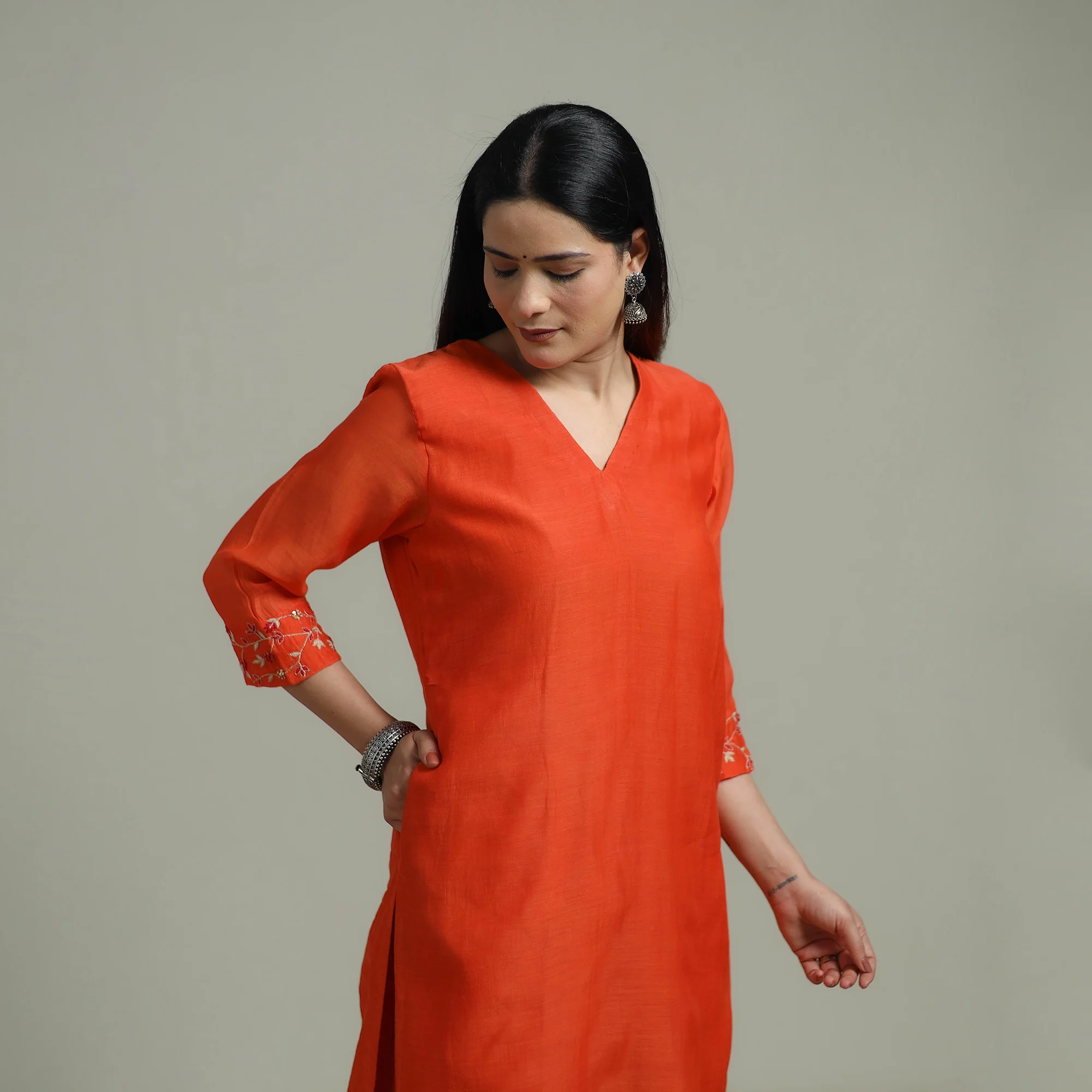 Orange - Plain Handloom Mul Chanderi Silk Hand Embroidered Suit Set with Dupatta for women 09 - Image 3