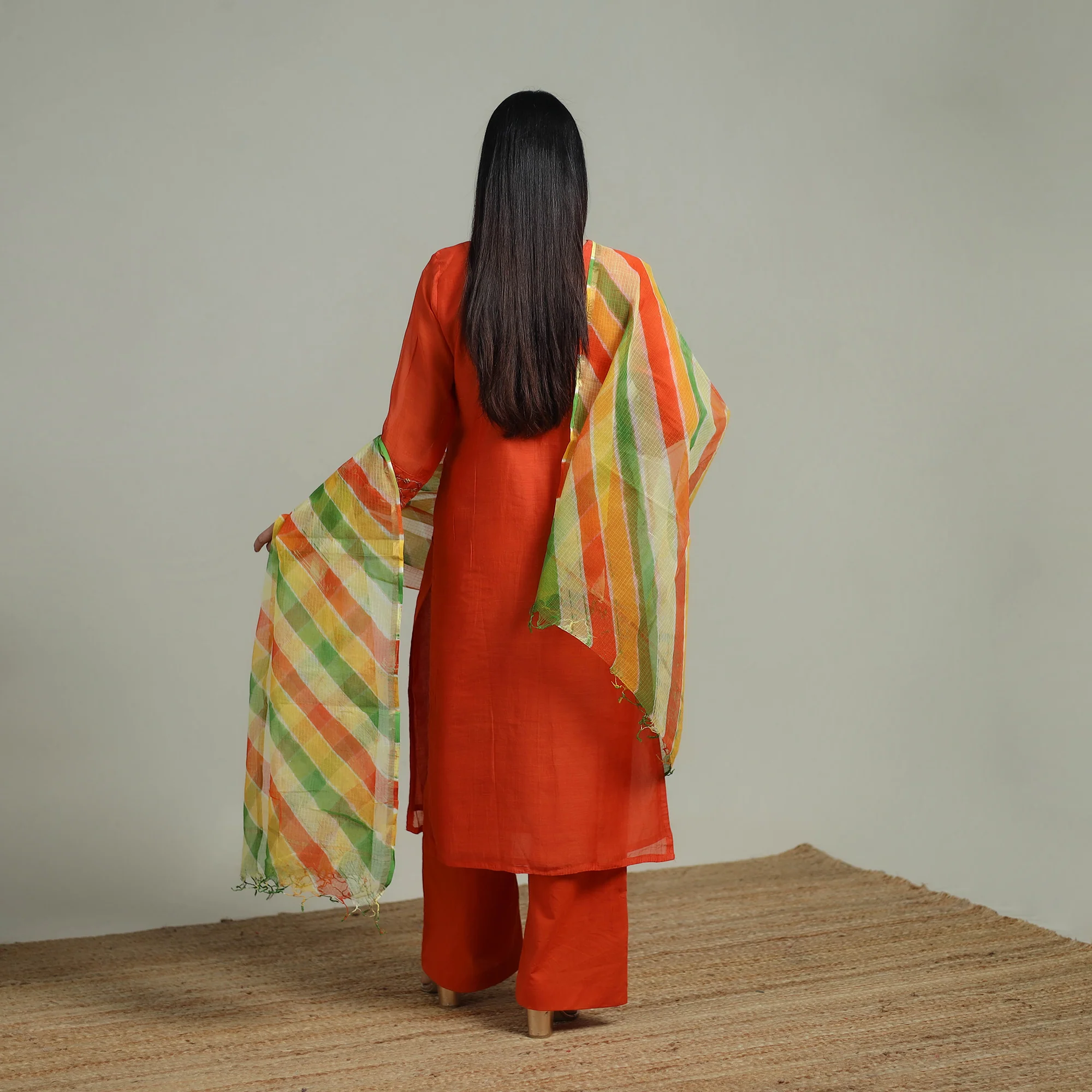 Orange - Plain Handloom Mul Chanderi Silk Hand Embroidered Suit Set with Dupatta for women 09 - Image 4