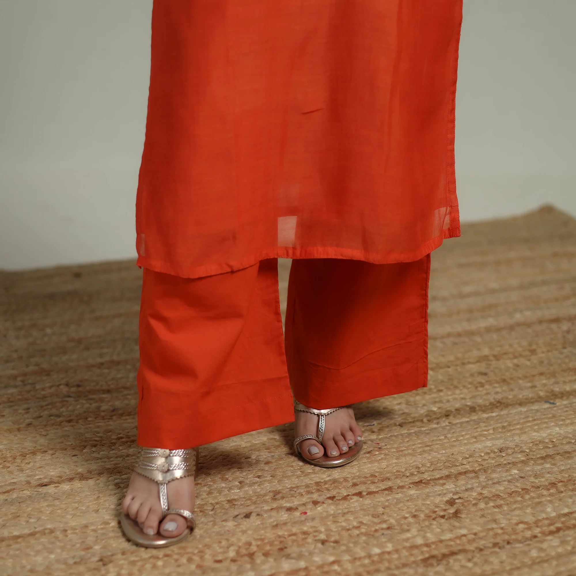 Orange - Plain Handloom Mul Chanderi Silk Hand Embroidered Suit Set with Dupatta for women 09 - Image 5