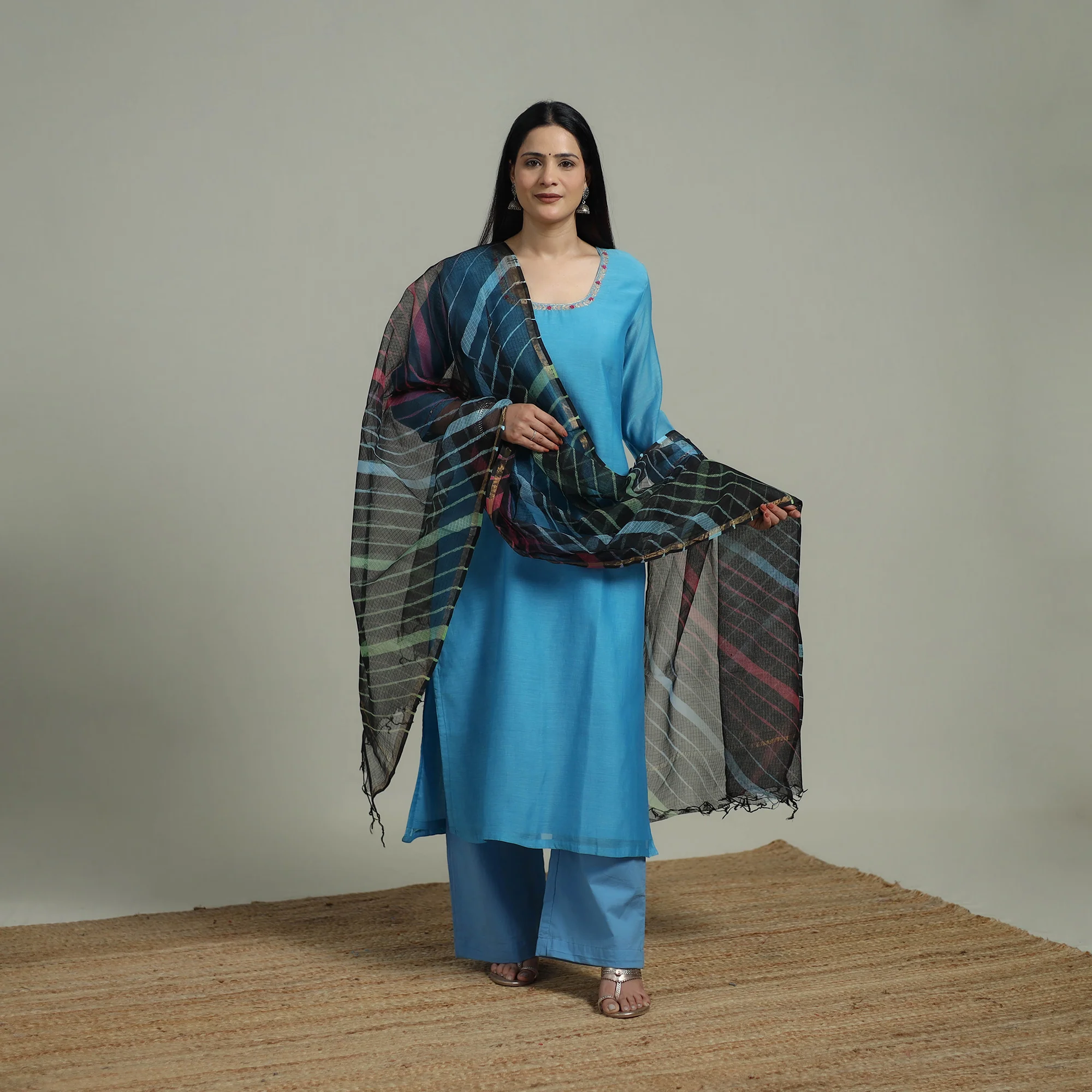 Blue - Plain Handloom Mul Chanderi Silk Hand Embroidered Suit Set with Dupatta for women 10