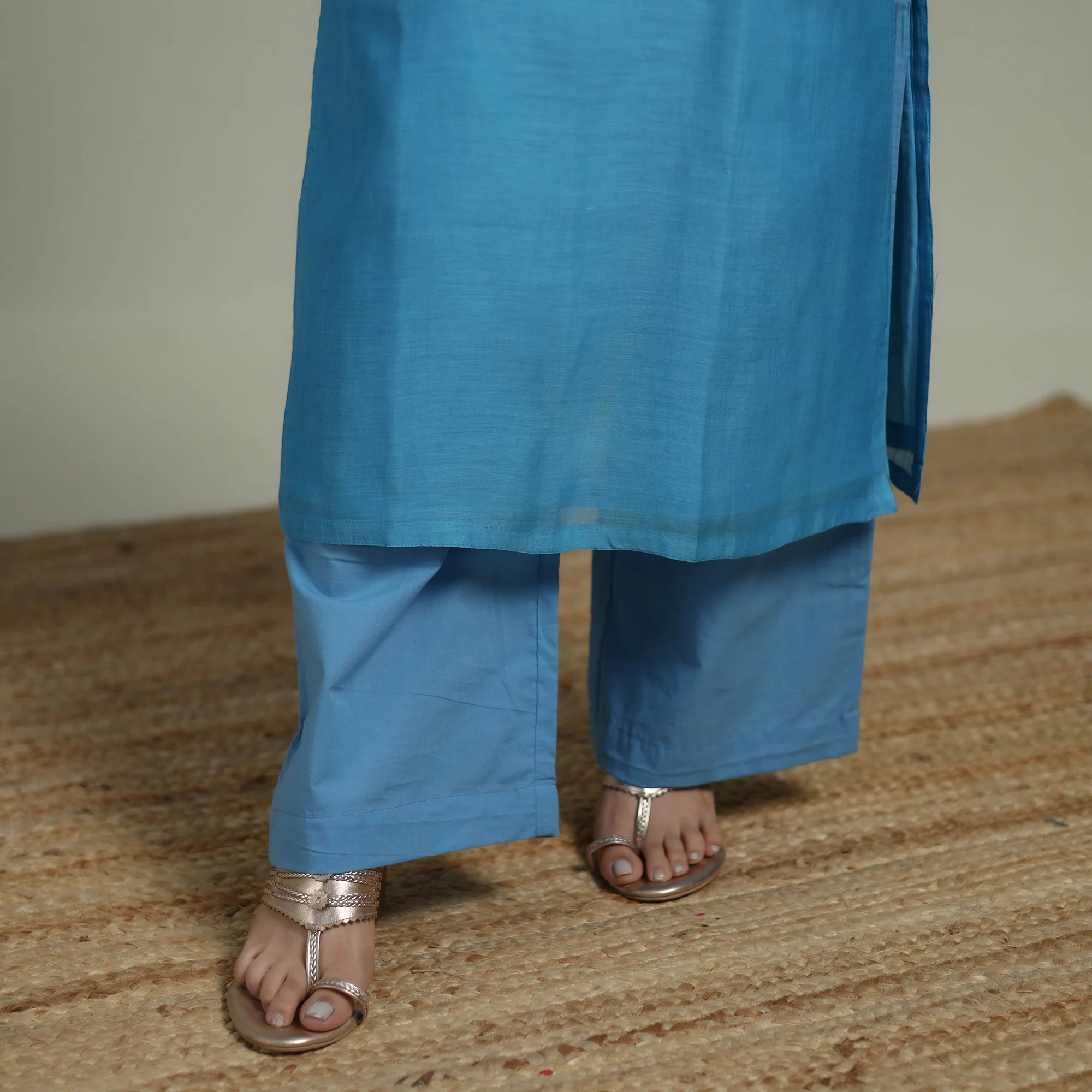 Blue - Plain Handloom Mul Chanderi Silk Hand Embroidered Suit Set with Dupatta for women 10 - Image 5