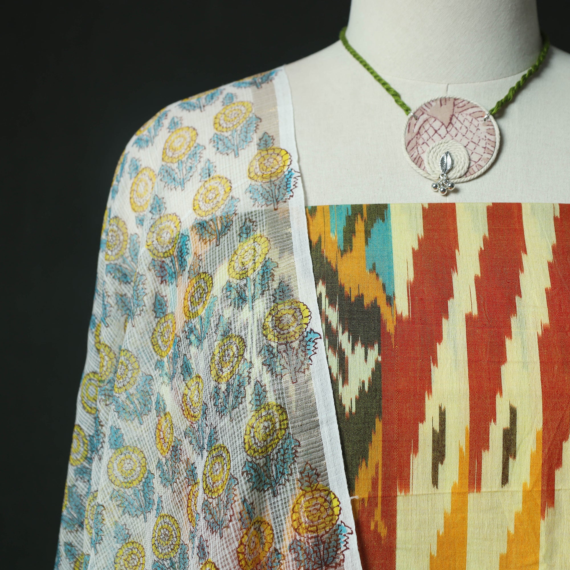 Pochampally Central Asian Ikat Woven 2pc Cotton Unstitched Dress Material Kurta Set with Jewellery 01 - Image 3