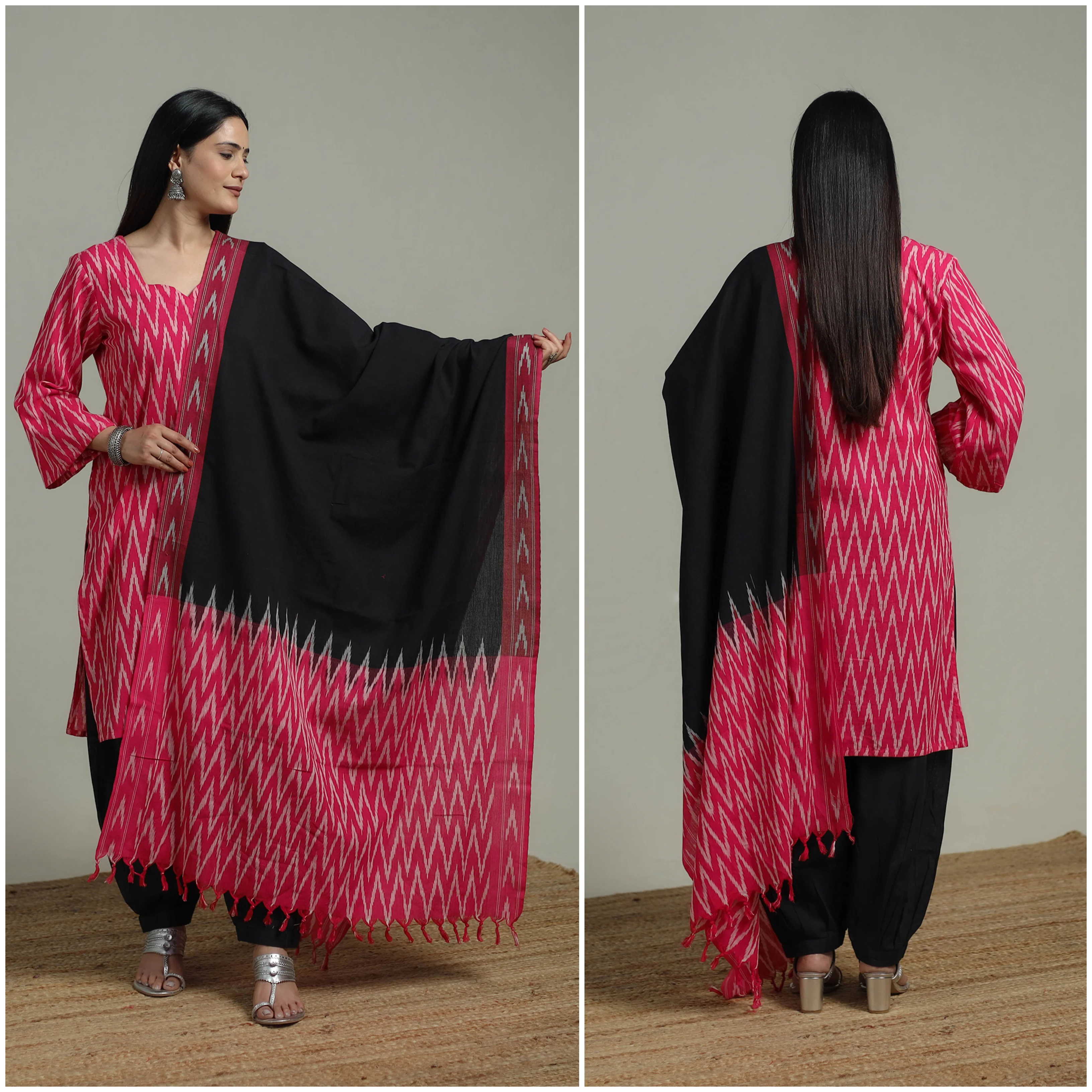 Pochampally Ikat Cotton Suit Set with Dupatta for women 05 - Image 2