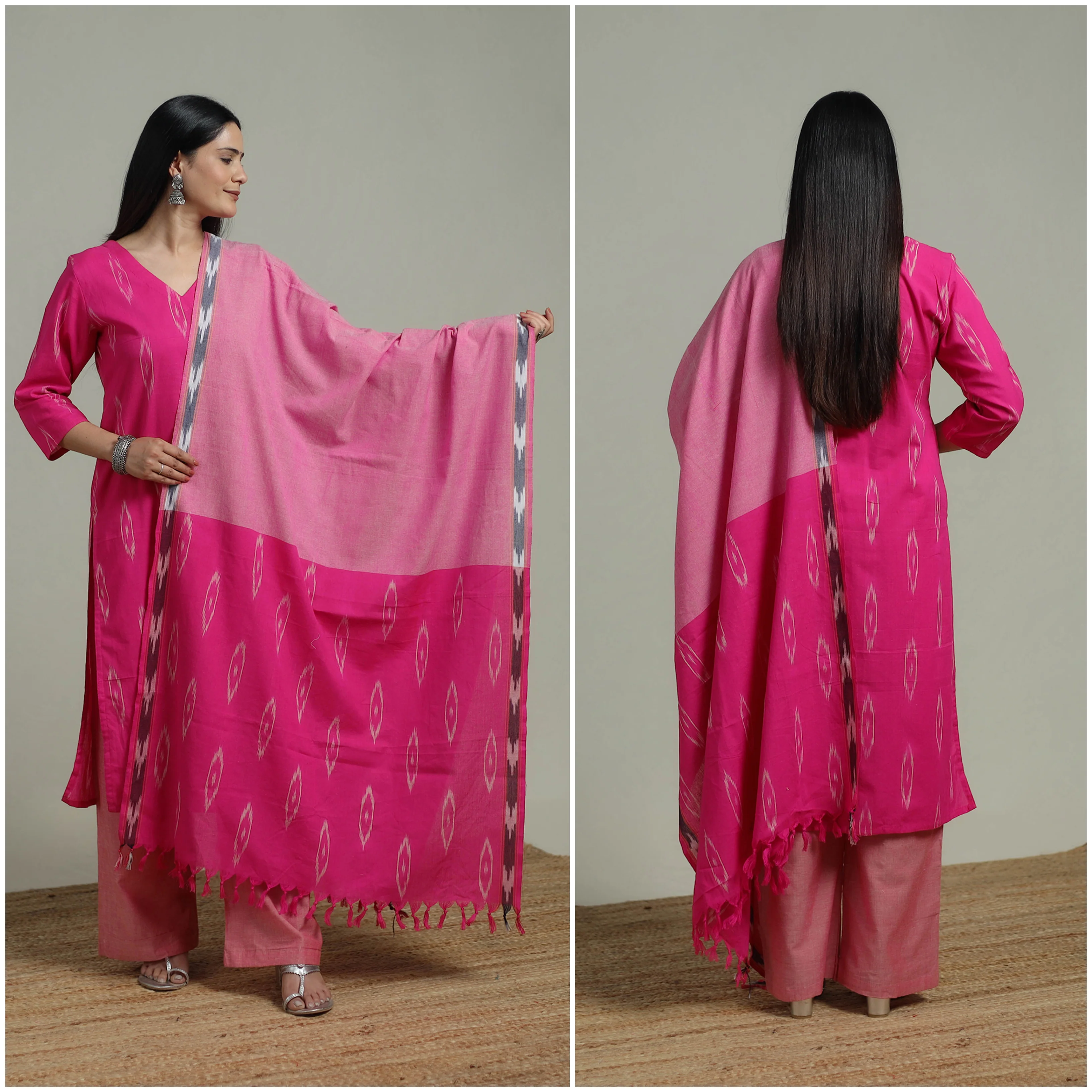Pochampally Ikat Cotton Suit Set with Dupatta for women 07 - Image 2
