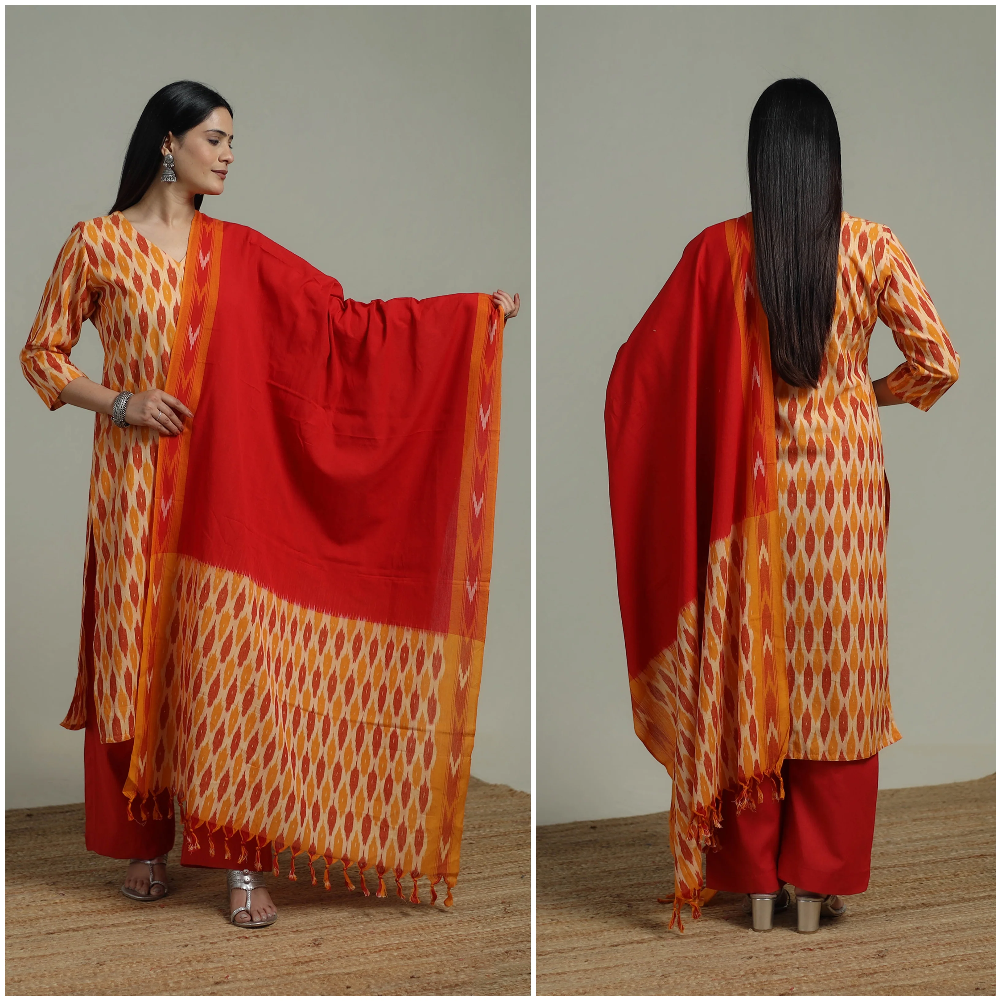Pochampally Ikat Cotton Suit Set with Dupatta for women 08 - Image 2