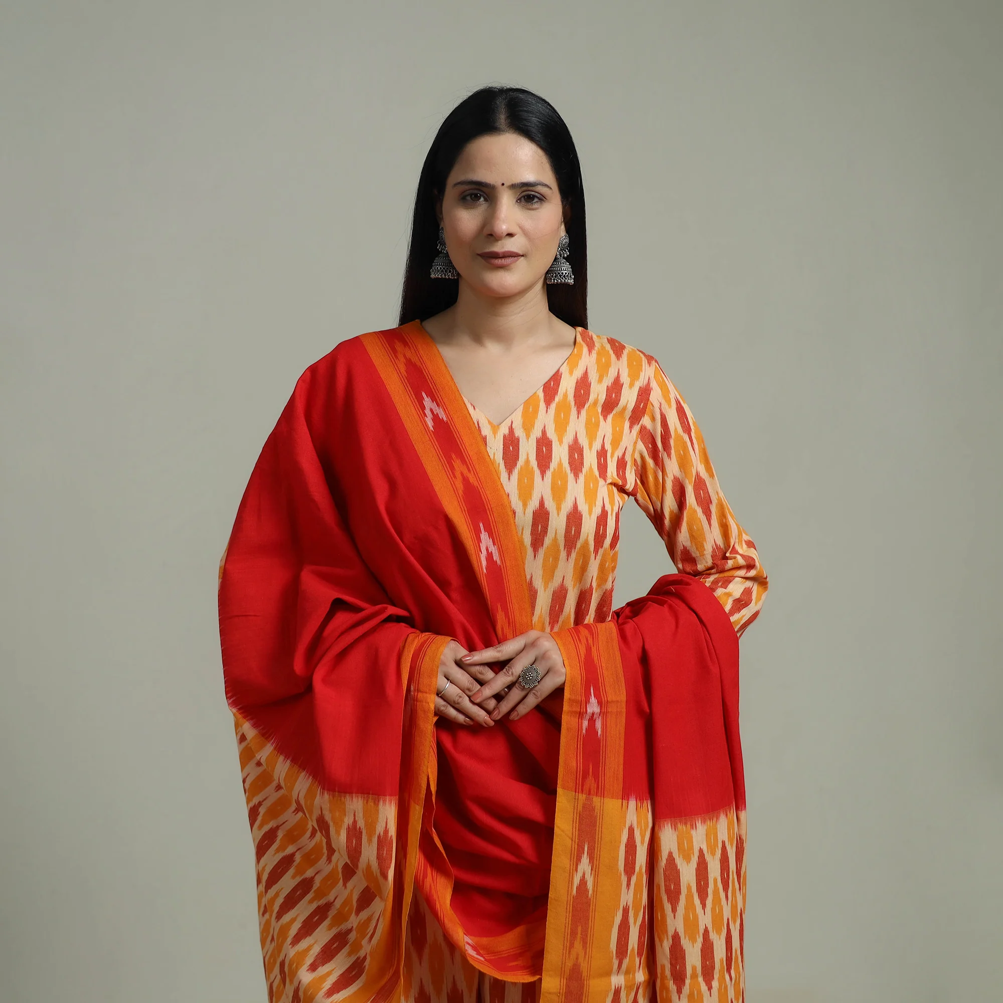 Pochampally Ikat Cotton Suit Set with Dupatta for women 08 - Image 3