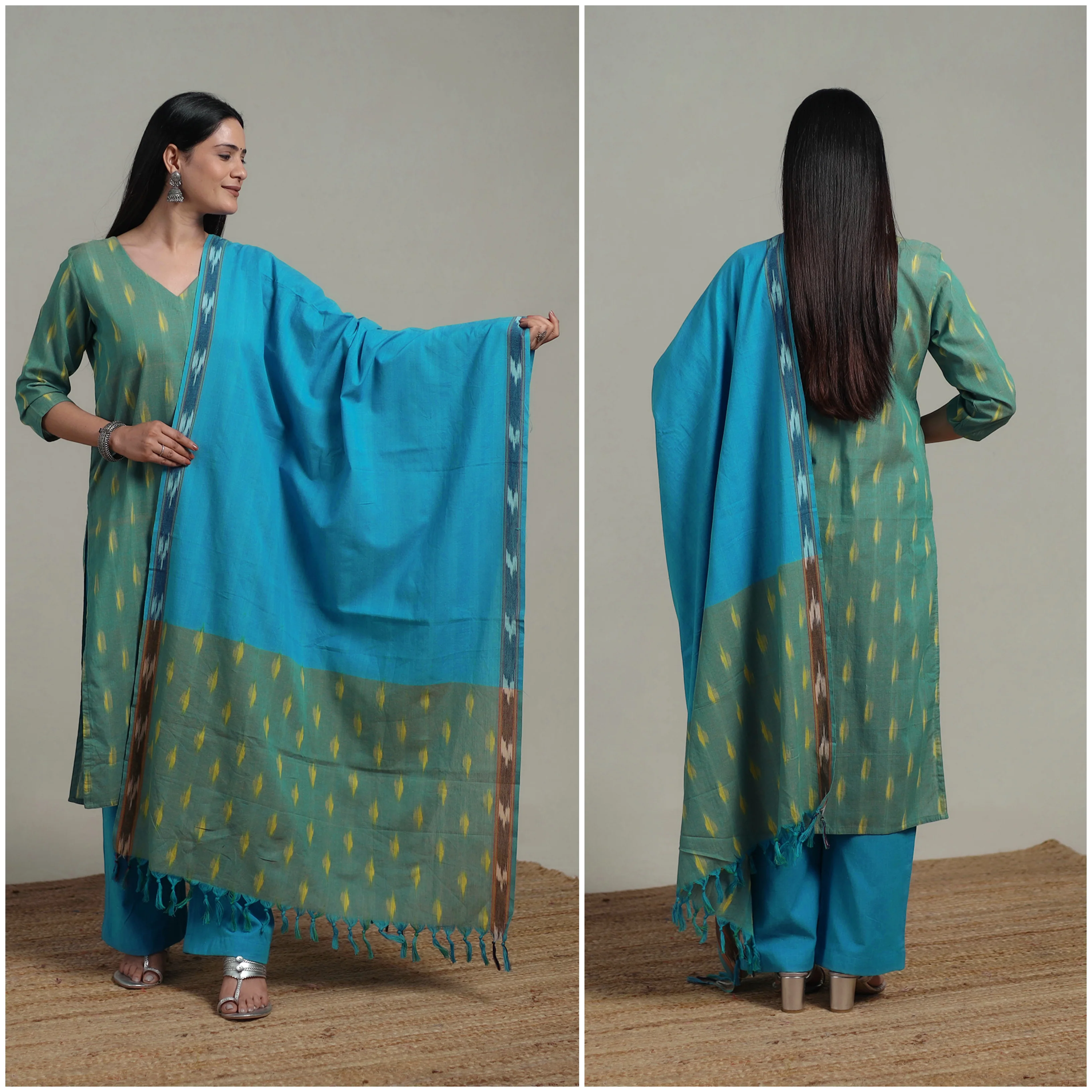 Pochampally Ikat Cotton Suit Set with Dupatta for women 10 - Image 2