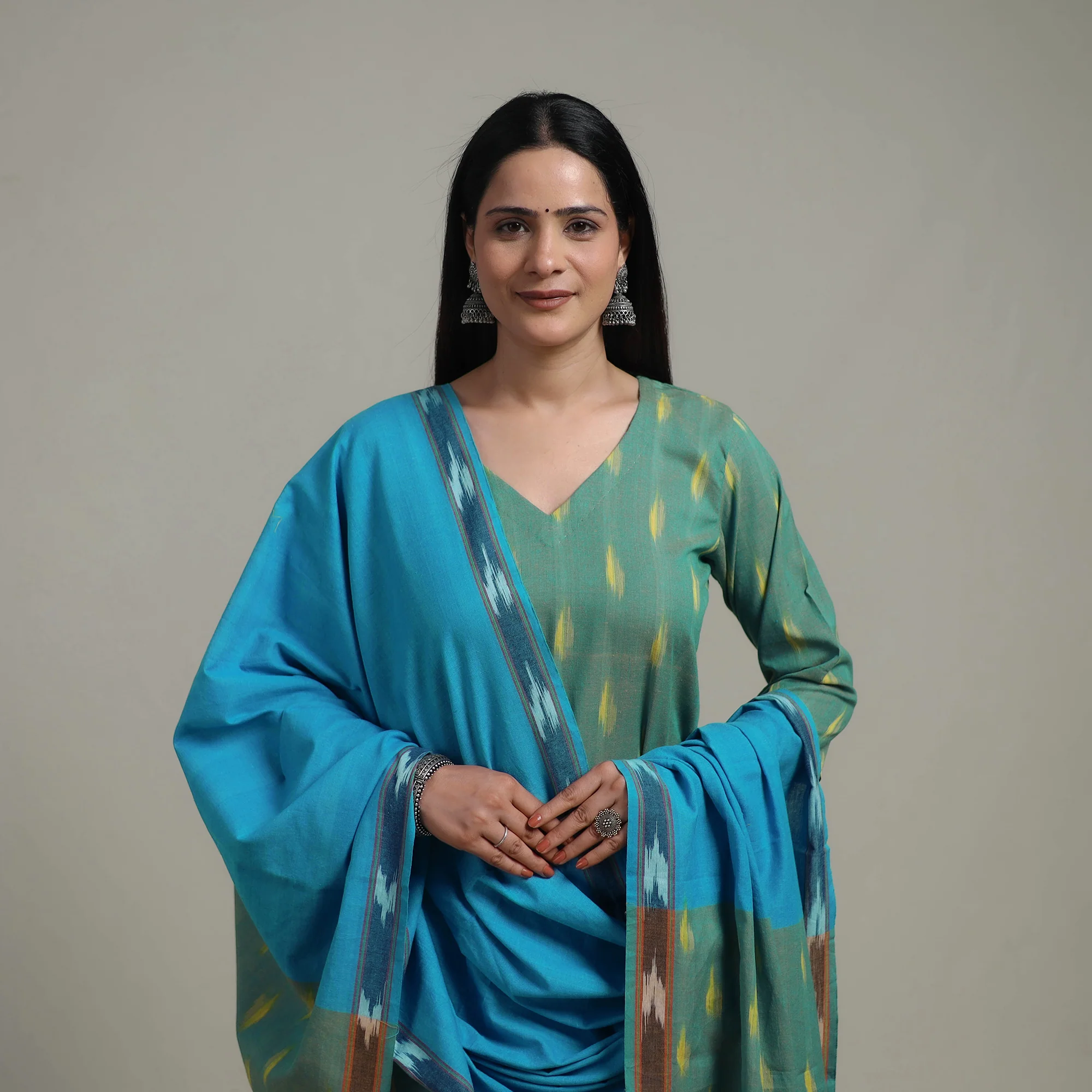 Pochampally Ikat Cotton Suit Set with Dupatta for women 10 - Image 3