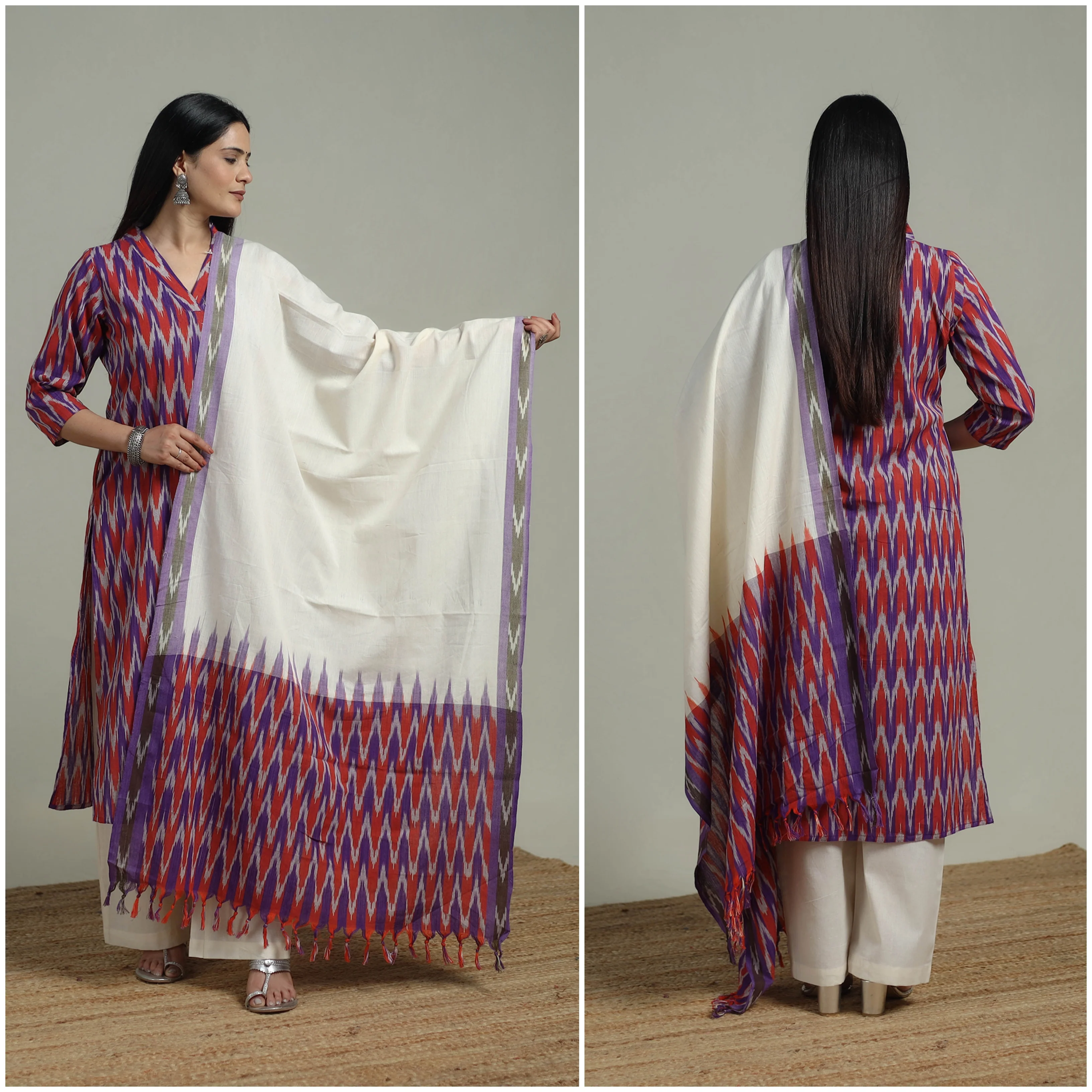 Pochampally Ikat Cotton Suit Set with Dupatta for women 17 - Image 2
