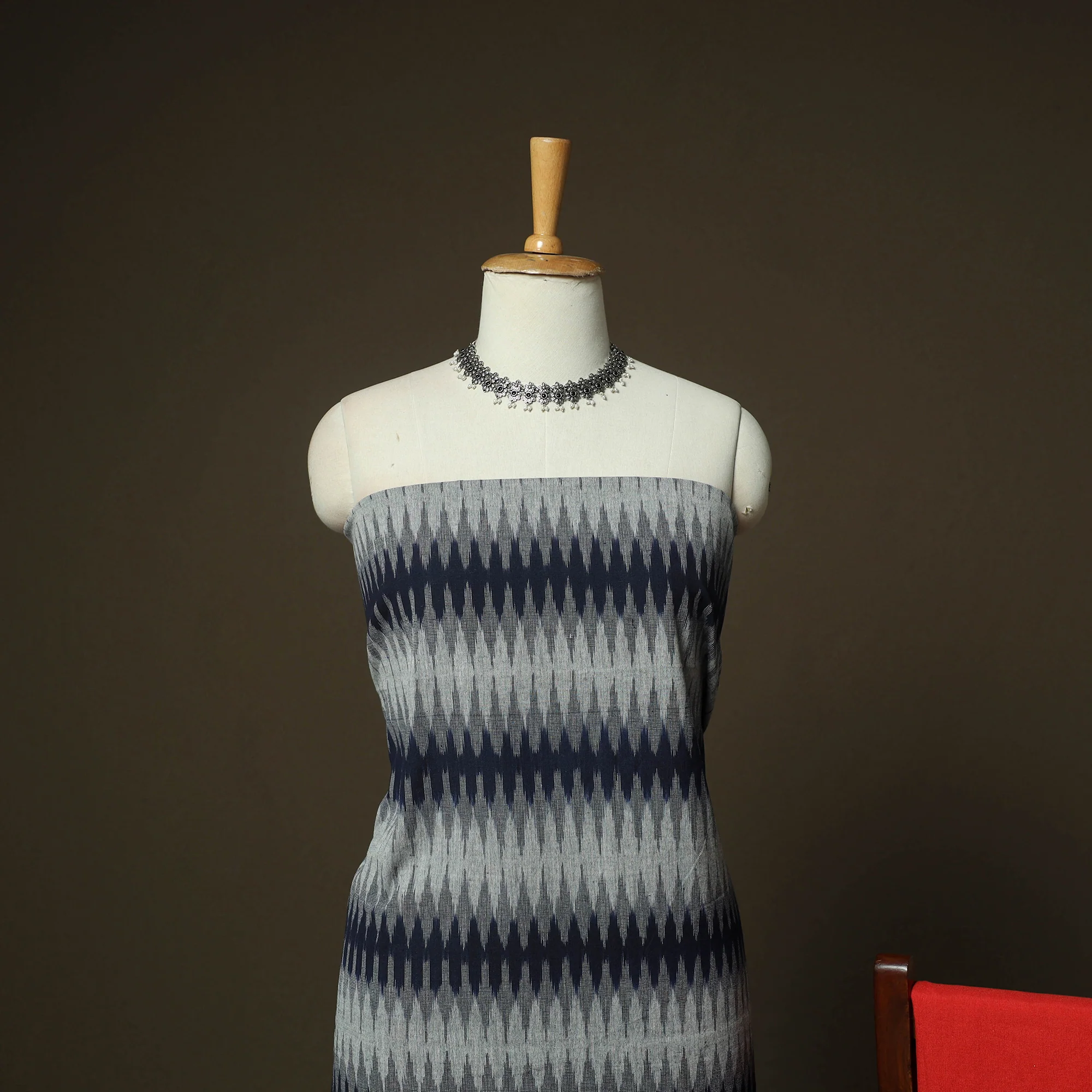 Grey - Pochampally Ikat Weave 3pc Cotton Unstitched Dress Material Suit Set 01 - Image 3