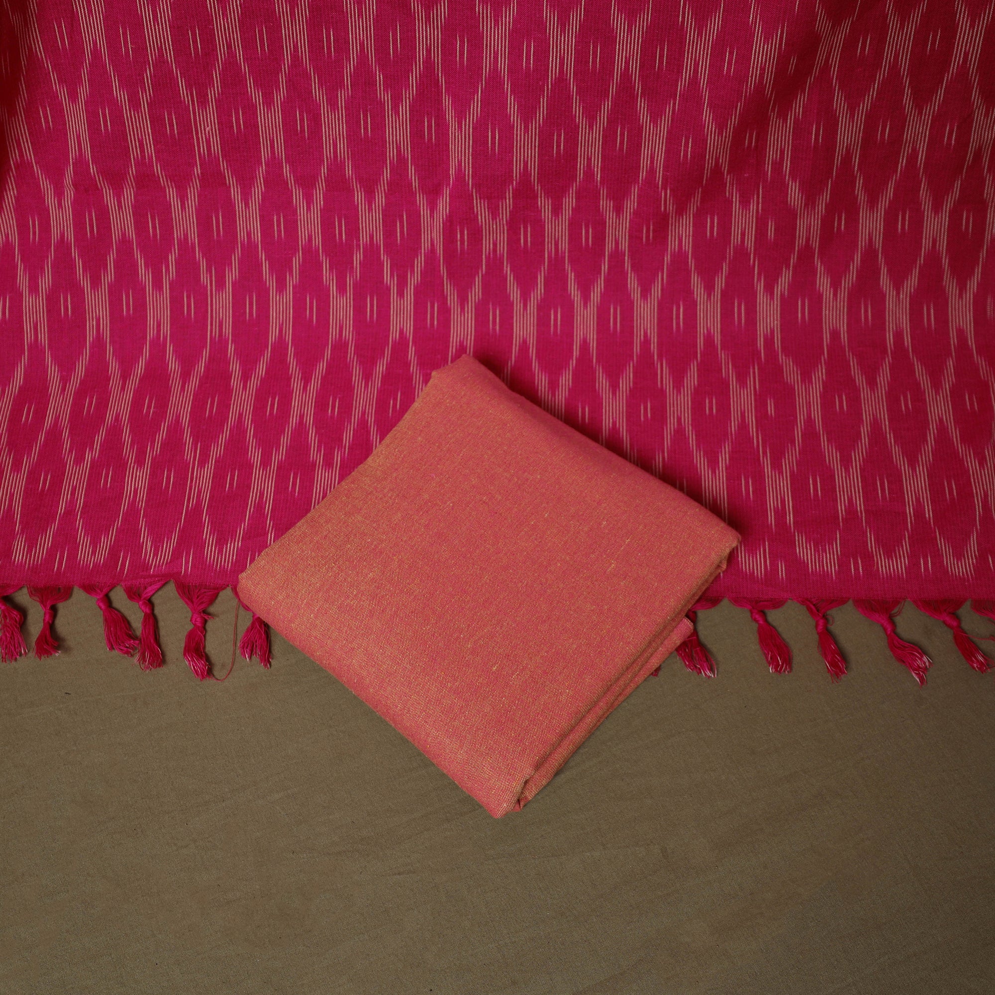 Pink - Pochampally Ikat Weave 3pc Cotton Unstitched Dress Material Suit Set 02 - Image 5