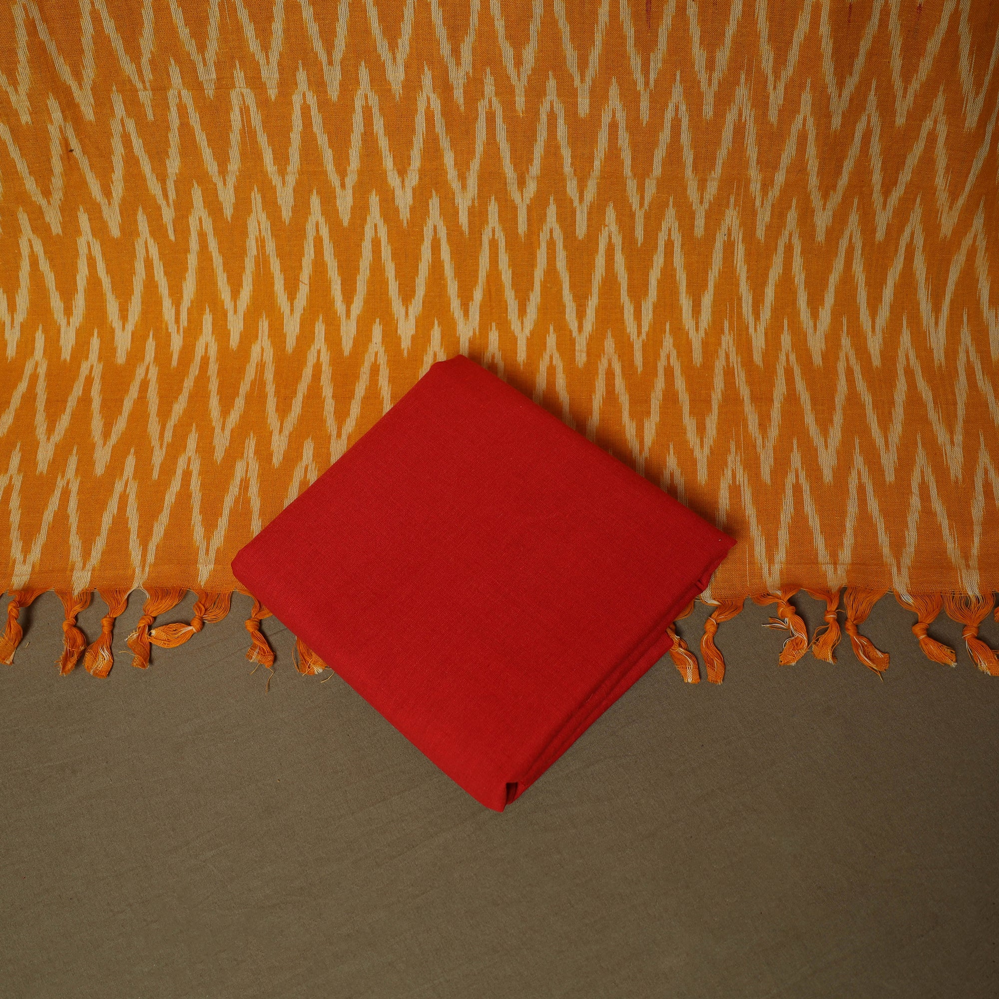Orange - Pochampally Ikat Weave 3pc Cotton Unstitched Dress Material Suit Set 03 - Image 5