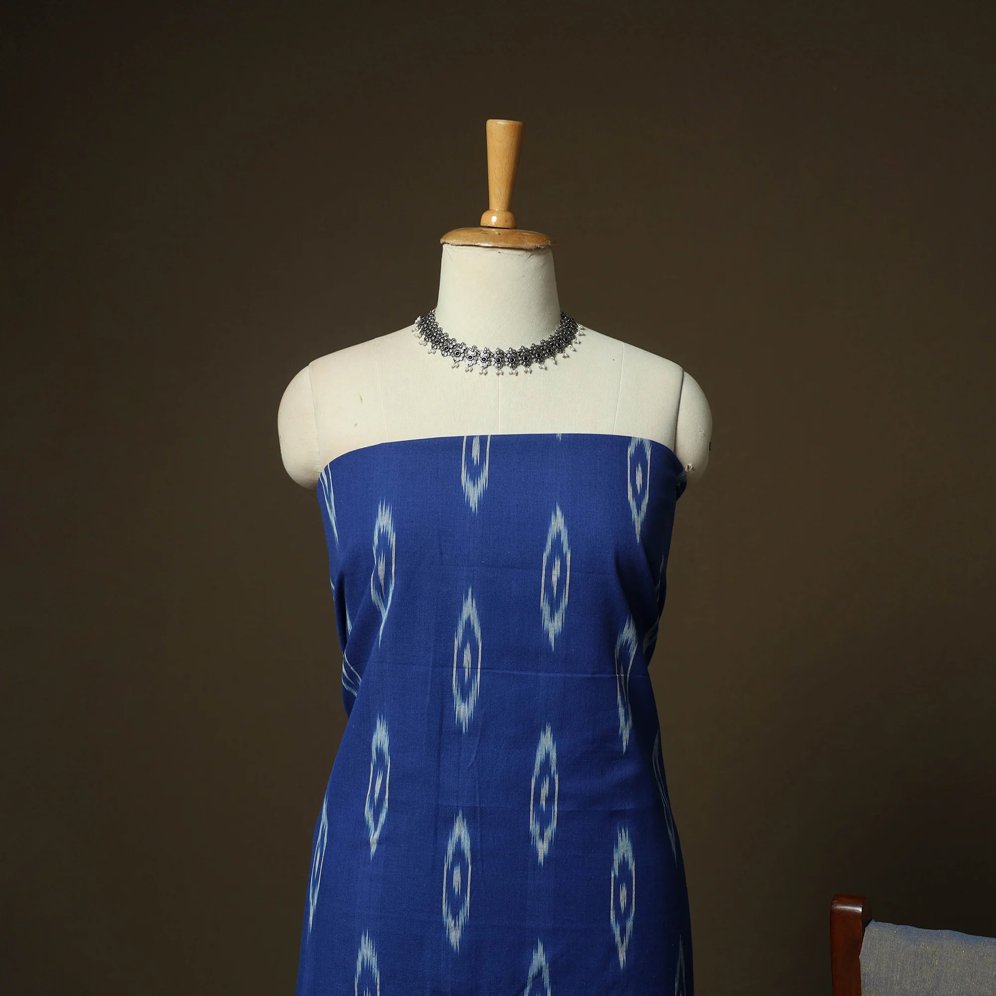 Blue - Pochampally Ikat Weave 3pc Cotton Unstitched Dress Material Suit Set 10 - Image 3