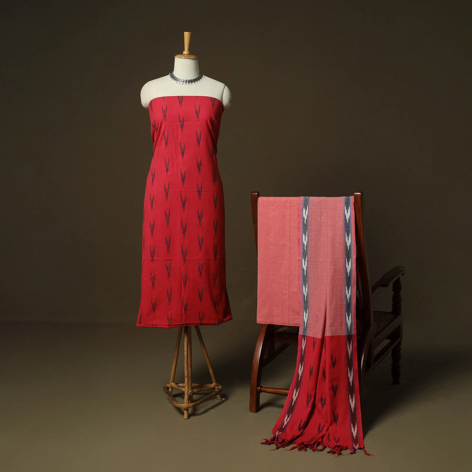 Red - Pochampally Ikat Weave 3pc Cotton Unstitched Dress Material Suit Set 11 - Image 2