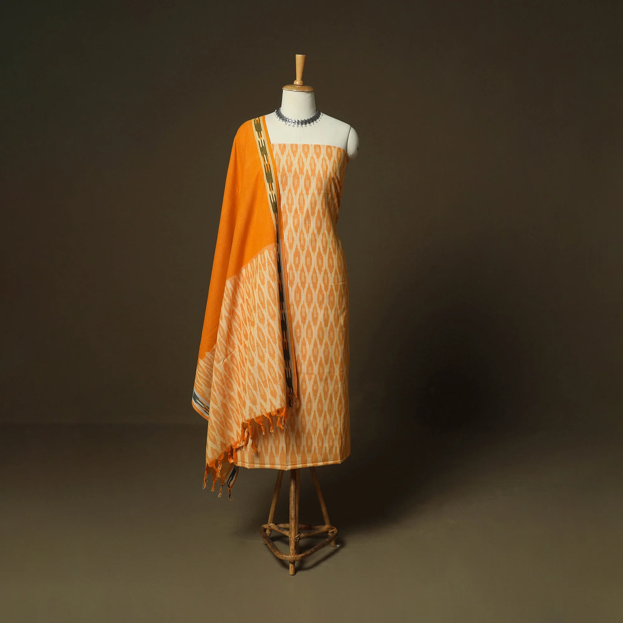 Orange - Pochampally Ikat Weave 3pc Cotton Unstitched Dress Material Suit Set 13
