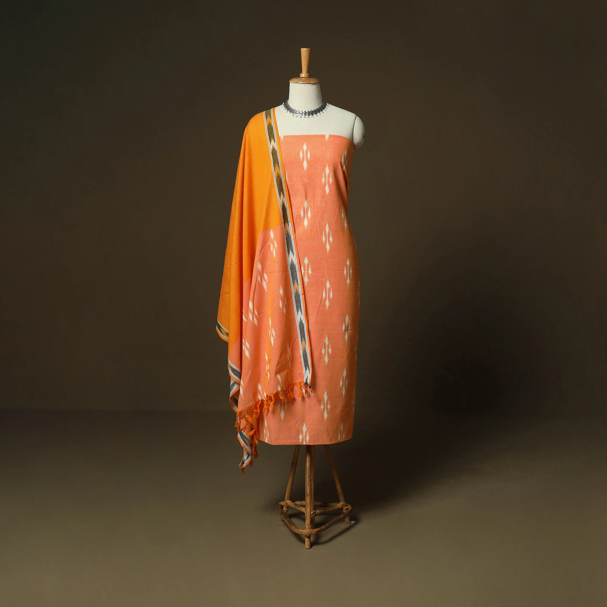 Orange - Pochampally Ikat Weave 3pc Cotton Unstitched Dress Material Suit Set 15