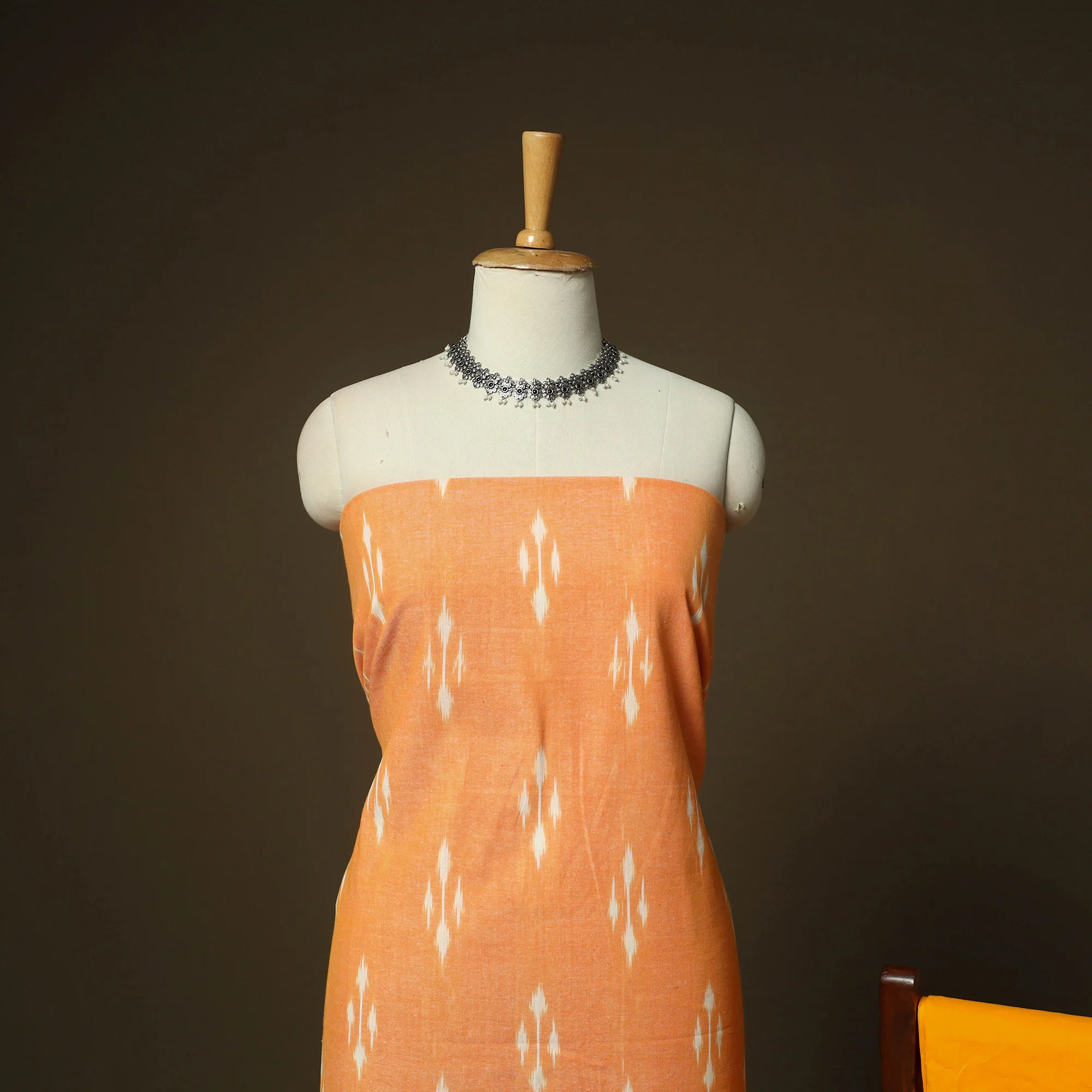 Orange - Pochampally Ikat Weave 3pc Cotton Unstitched Dress Material Suit Set 15 - Image 3
