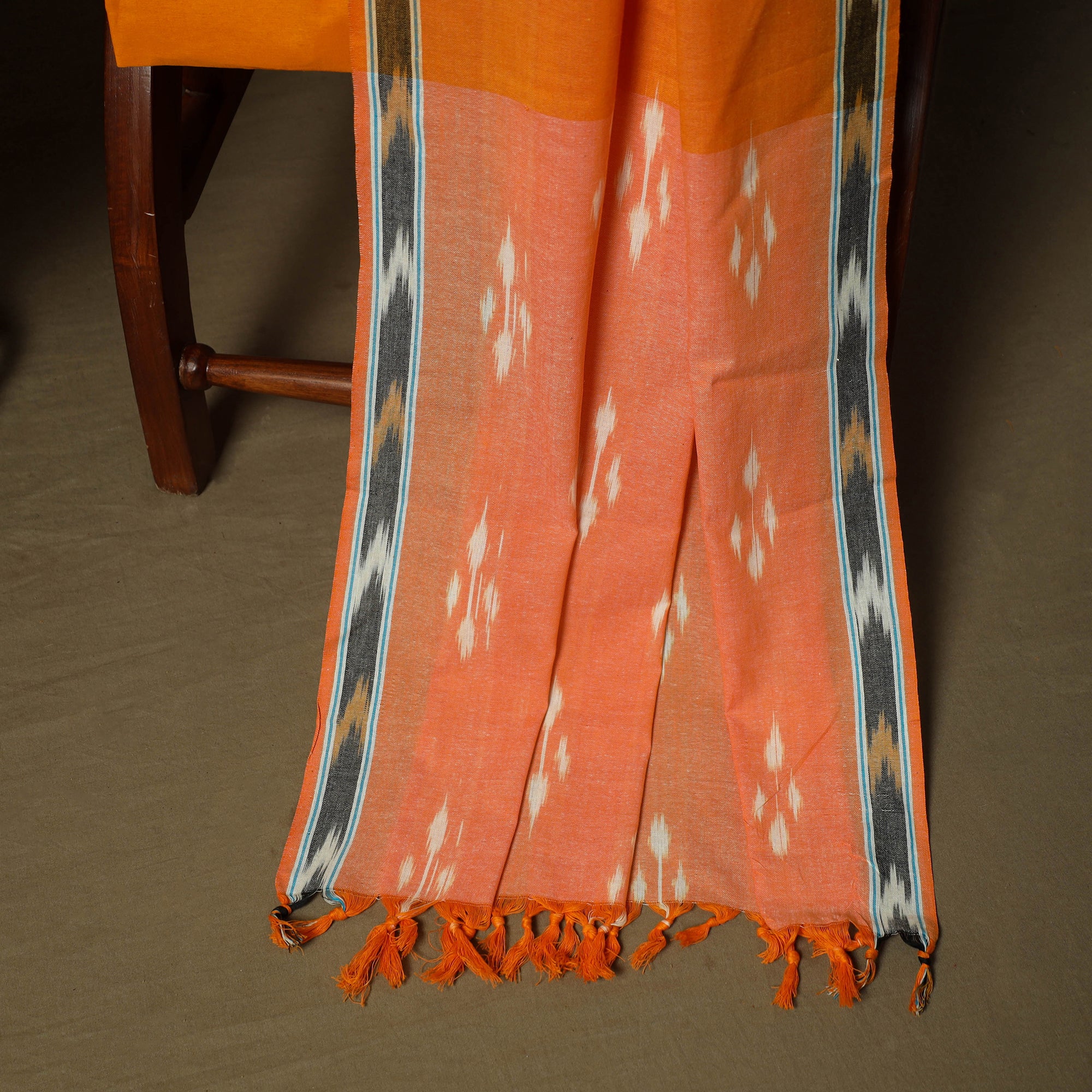 Orange - Pochampally Ikat Weave 3pc Cotton Unstitched Dress Material Suit Set 15 - Image 4