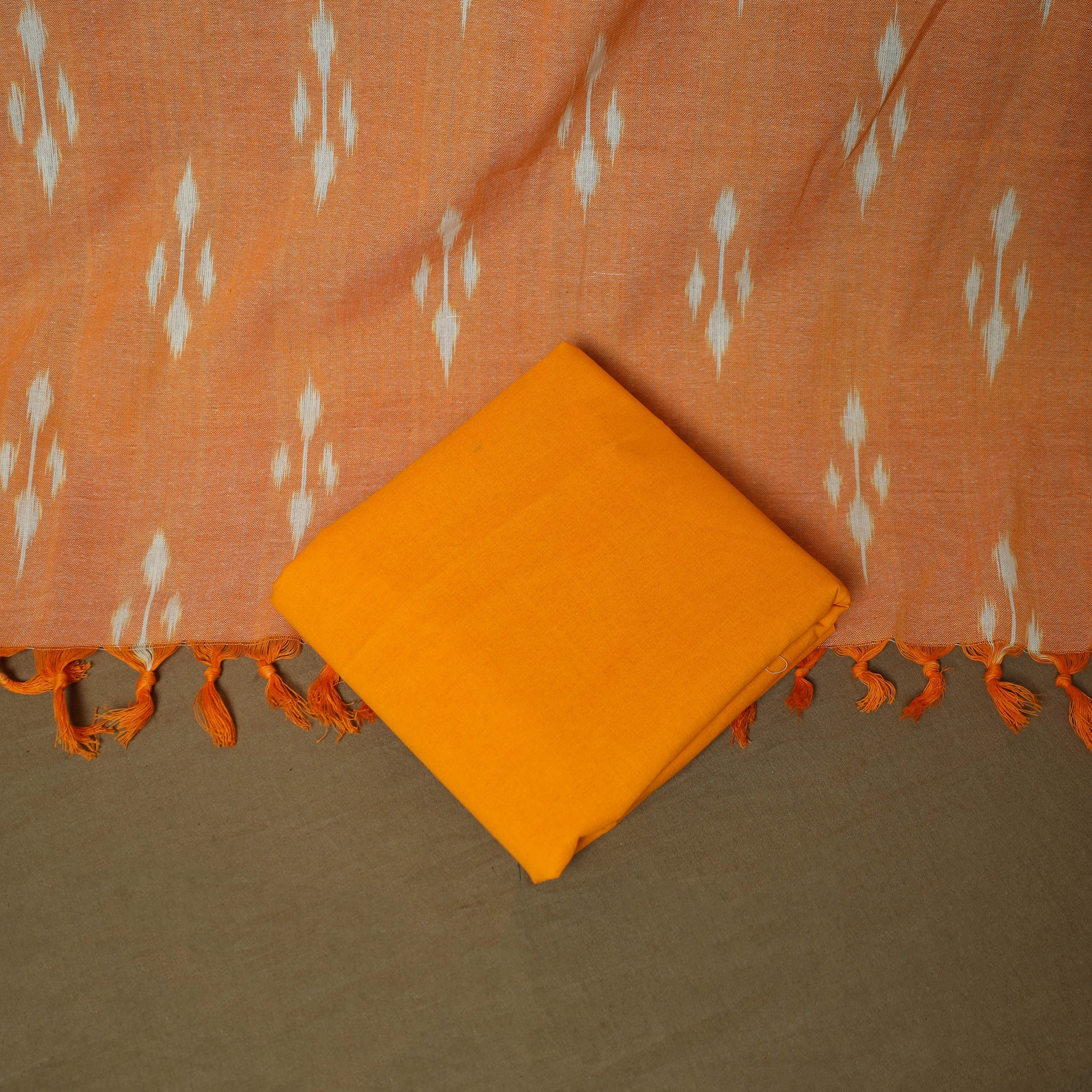 Orange - Pochampally Ikat Weave 3pc Cotton Unstitched Dress Material Suit Set 15 - Image 5
