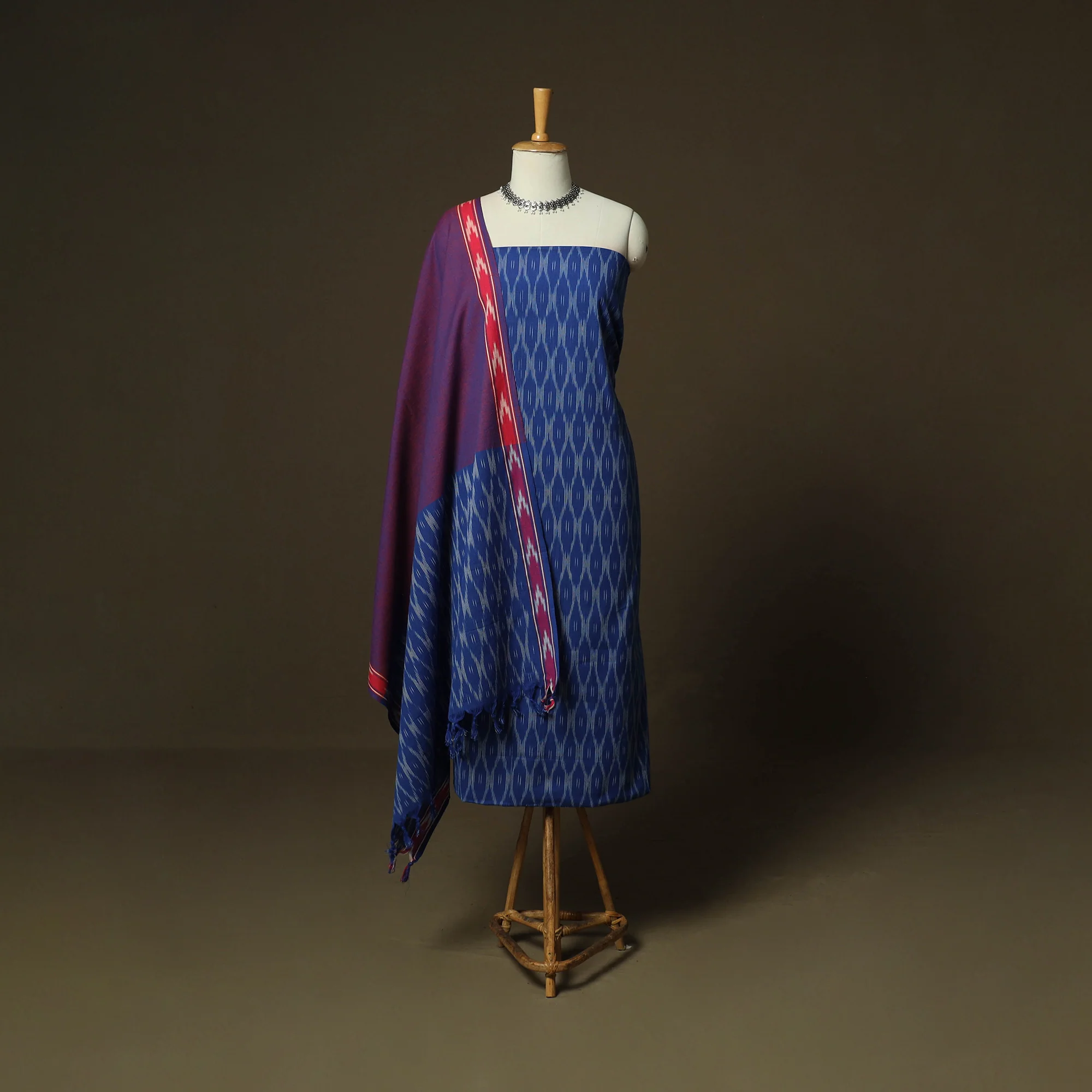 Blue - Pochampally Ikat Weave 3pc Cotton Unstitched Dress Material Suit Set 16