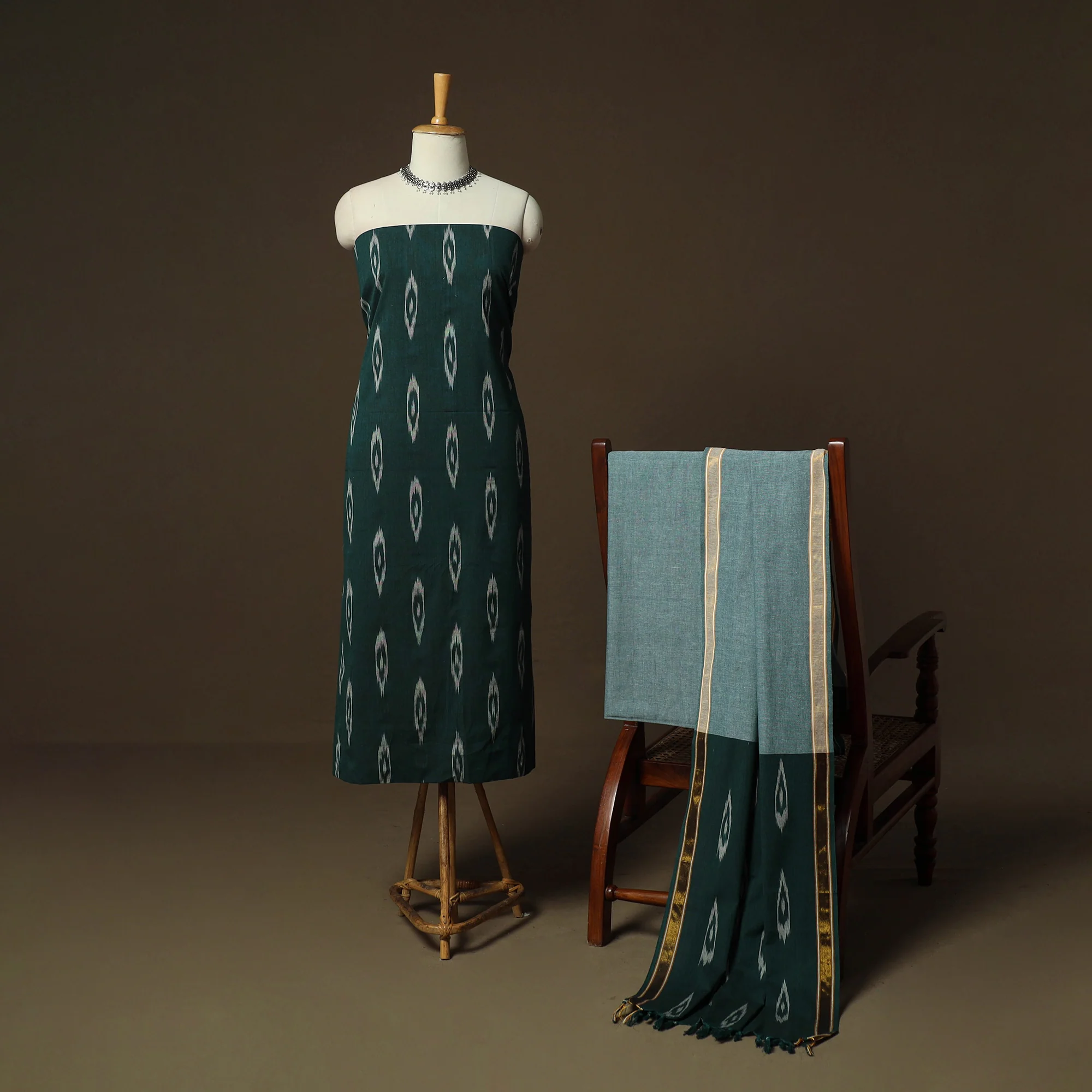 Green - Pochampally Ikat Weave 3pc Cotton Unstitched Dress Material Suit Set 19 - Image 2