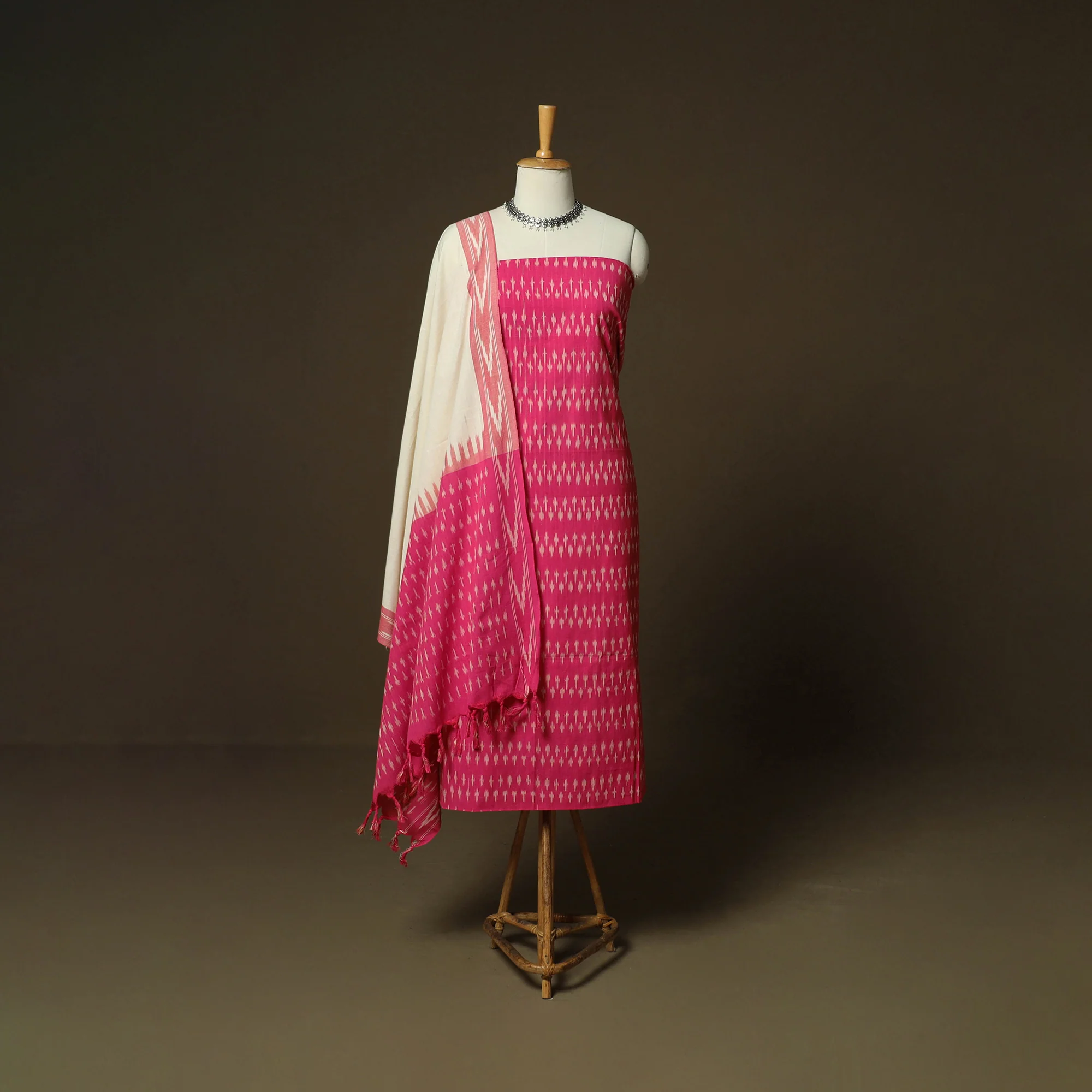Pink - Pochampally Ikat Weave 3pc Cotton Unstitched Dress Material Suit Set 20